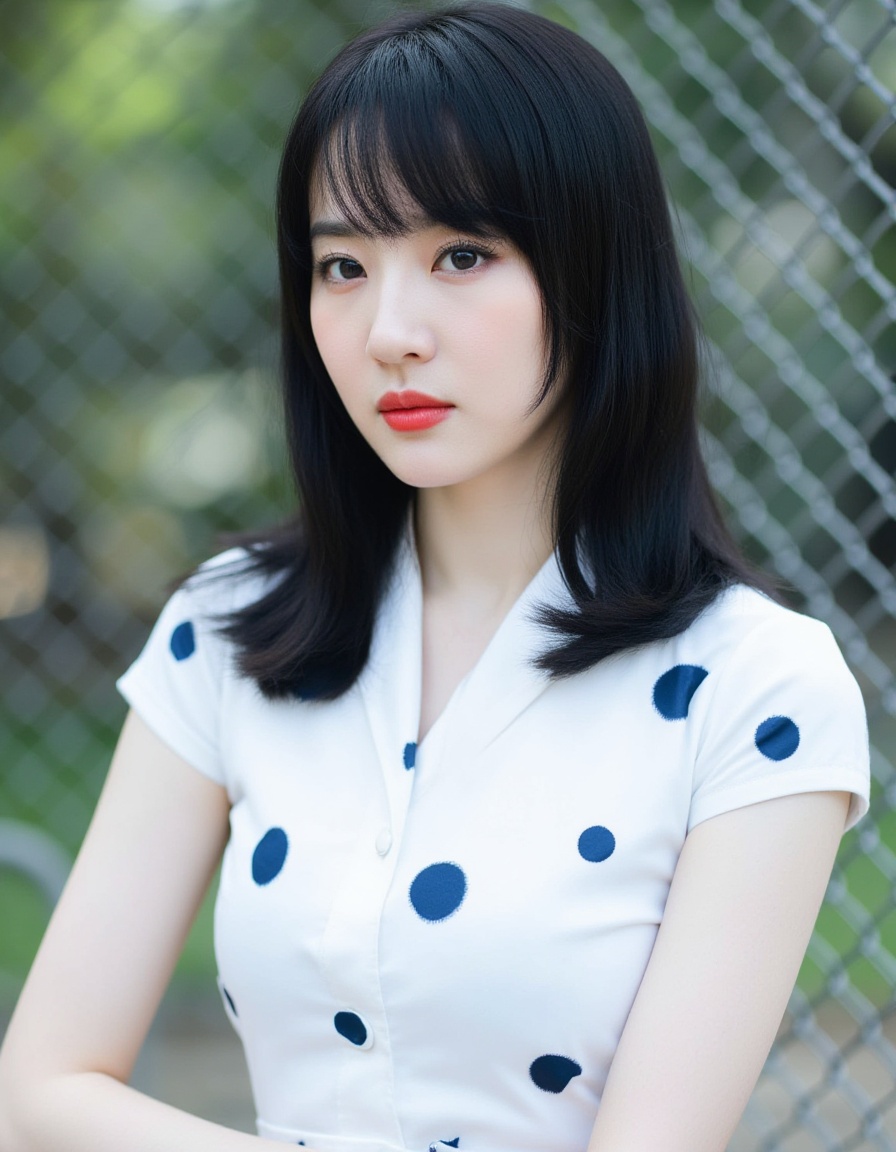 A photograph of a young East Asian woman with straight,  long black hair and bangs,  wearing a white short-sleeved shirt w...