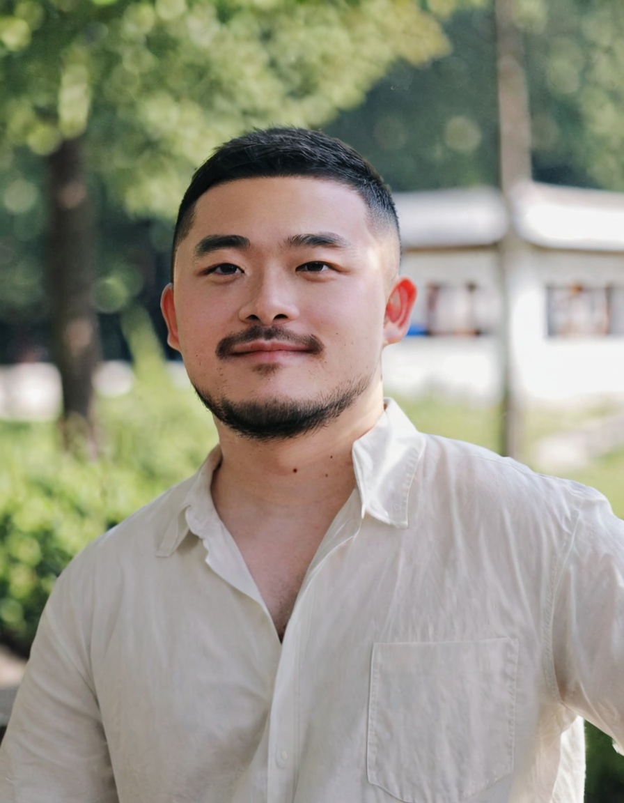 XLCNIBOBO, solo, looking at viewer, smile, short hair, shirt, black hair, 1boy, white shirt, upper body, male focus, outdoors, blurry, blurry background, facial hair, beard, realistic, mustache, very short hair  <lora:SDXL.亚洲百福萌XLCNIBOBO9:0.86>