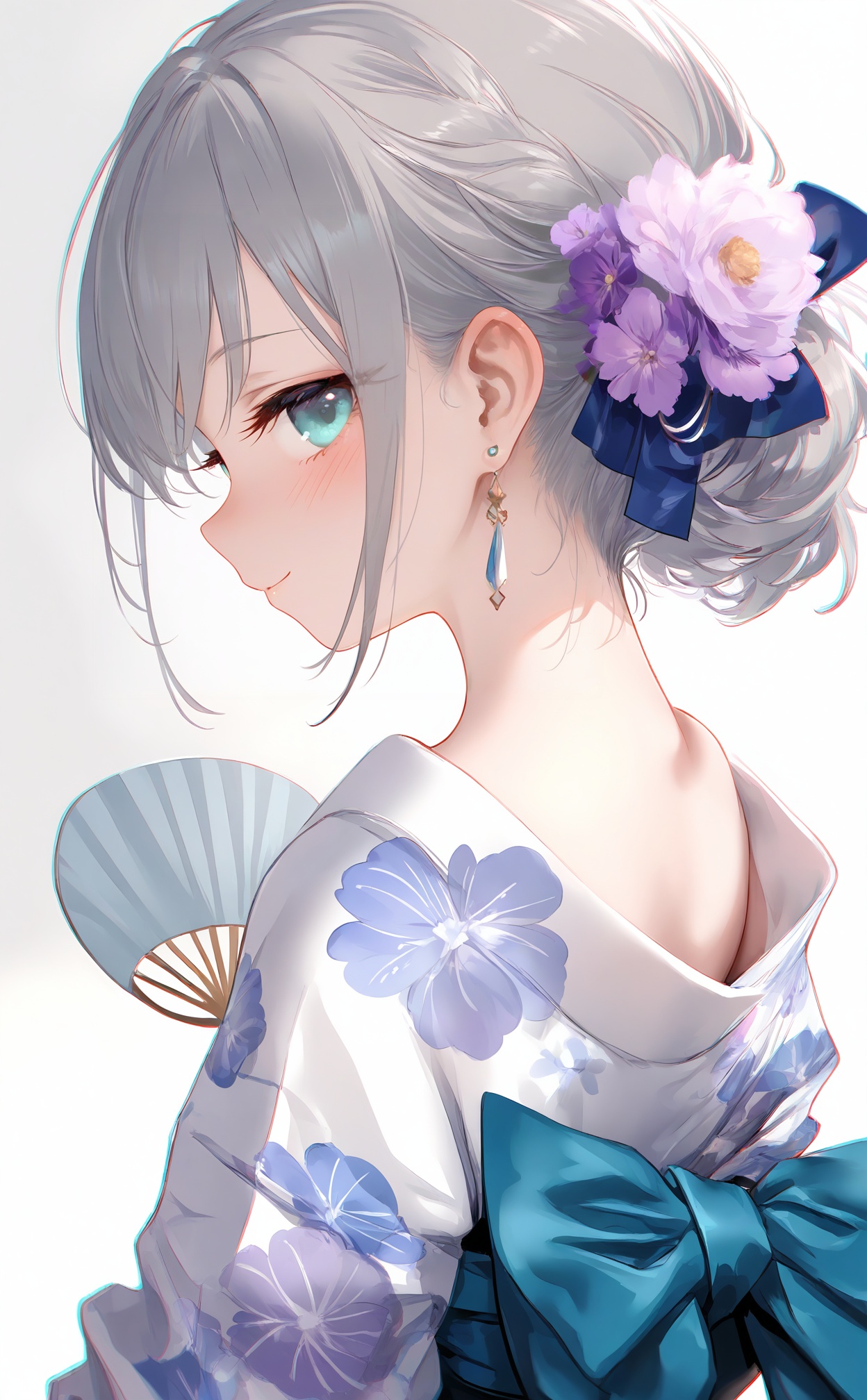 masterpiece,highres,absurdres,newest,best quality,high quality,loli,petite,chromatic_aberration,//,loli,1girl,solo,japanese clothes,kimono,looking at viewer,earrings,ribbon,grey hair,bow,flower,looking back,hair ribbon,jewelry,upper body,white kimono,hair flower,hair ornament,floral print,back bow,blue eyes,white background,sash,obi,blue bow,closed mouth,print kimono,blue ribbon,from behind,yukata,hand fan,gradient background,grey background,simple background,smile,sidelocks,aqua eyes,short hair,blush,purple flower,nape,bare shoulders,backless outfit,//,<lora:nai4zhengliu3——【noob】hans:1>,