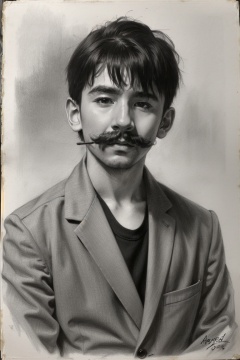 ((HRD, HUD, 8K)),((masterpiece, best quality)), highly detailed, photo_\(medium\),1boy, short hair, mustache, blazer, Sketch,monochrome, greyscale, traditional media, signature, graphite (medium), simple background, looking at viewer,  <lora:20240218-1708224875184:0.9>