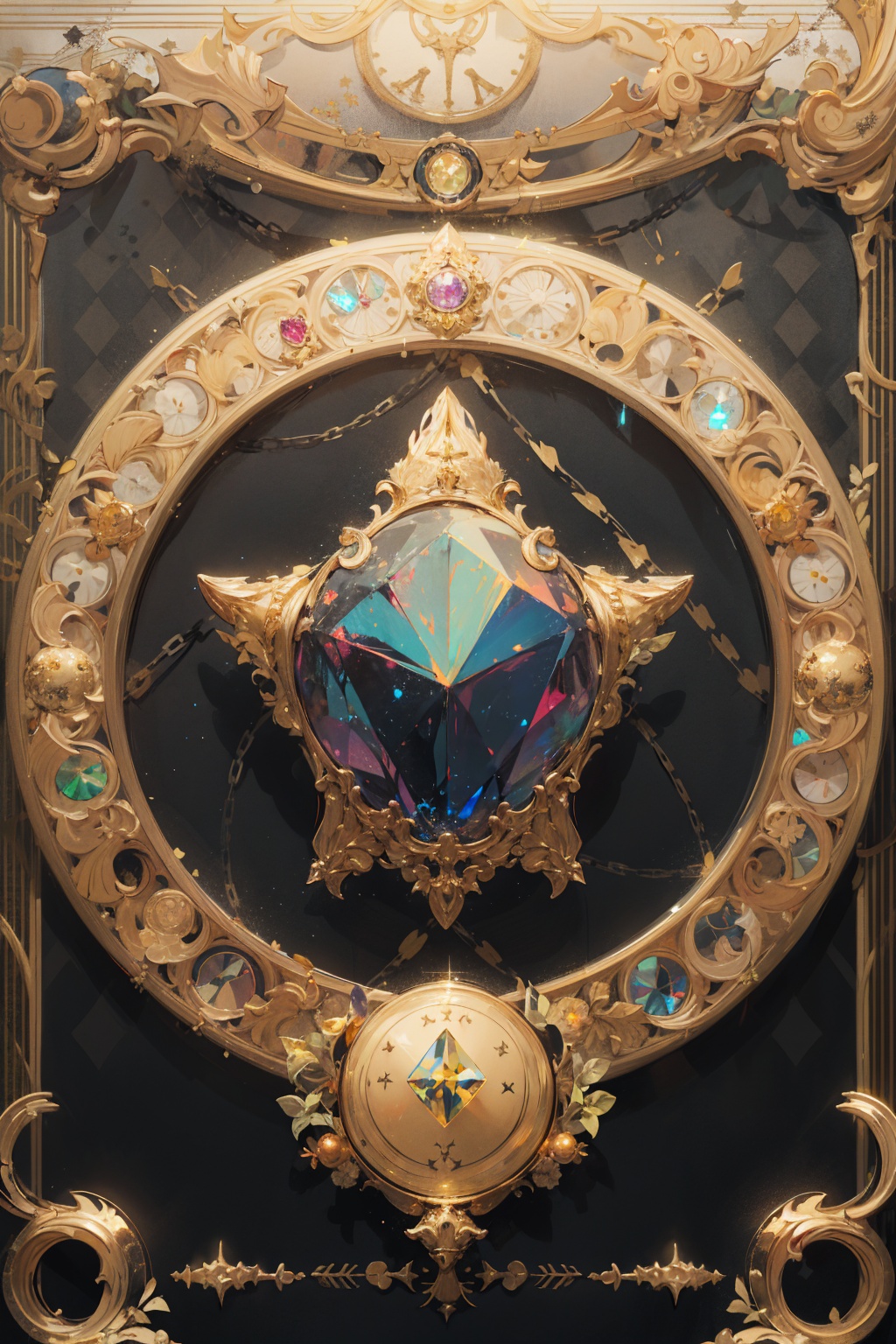masterpiece, best quality,no human,gold line, gold, argyle, argyle background,gem, glowing, gold trim, jewelry, magic circle,symbol,crystal, fantasy, still life, badge