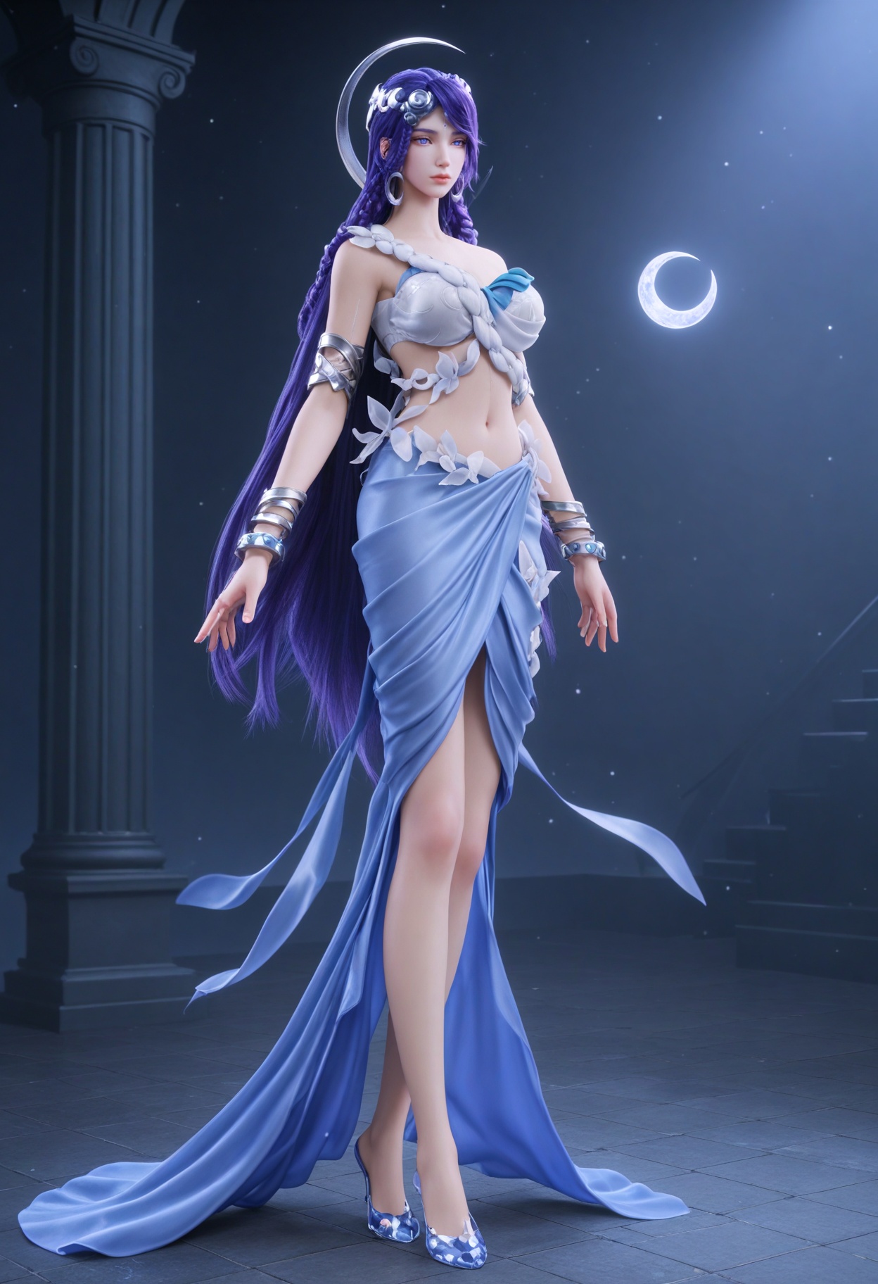(full_body:1.1),(gigantic breasts:0.6),(slender:1.3),(looking_at_viewer:1.1),(masterpiece:1.1),(best quality:1.2),(intricate details),(smog:1.3),(Dark room:1.3),(dim lighting:1.3),<lora:YQ_Illustrious光辉v5_海月_V1:0.8>,q1528437228,solo,1girl,long_hair,purple_hair,jewelry,hair_ornament,earrings,blue_eyes,dress,blue_hair,braid,bracelet,crescent,bare_shoulders,midriff,very_long_hair,white_dress,skirt,crescent_hair_ornament,armor,purple_eyes,shoes,high_heels,realistic,blue_footwear,armlet,night,crescent_earrings,facial_mark,barefoot,hair_rings,long_skirt,white_pantyhose,blue_dress,masterpiece,(best quality),(intricate details:0.9) BREAK (intricate details:0.9),(realistic skin:1.2),masterpiece,best quality,newest,absurdres,hiahres,
