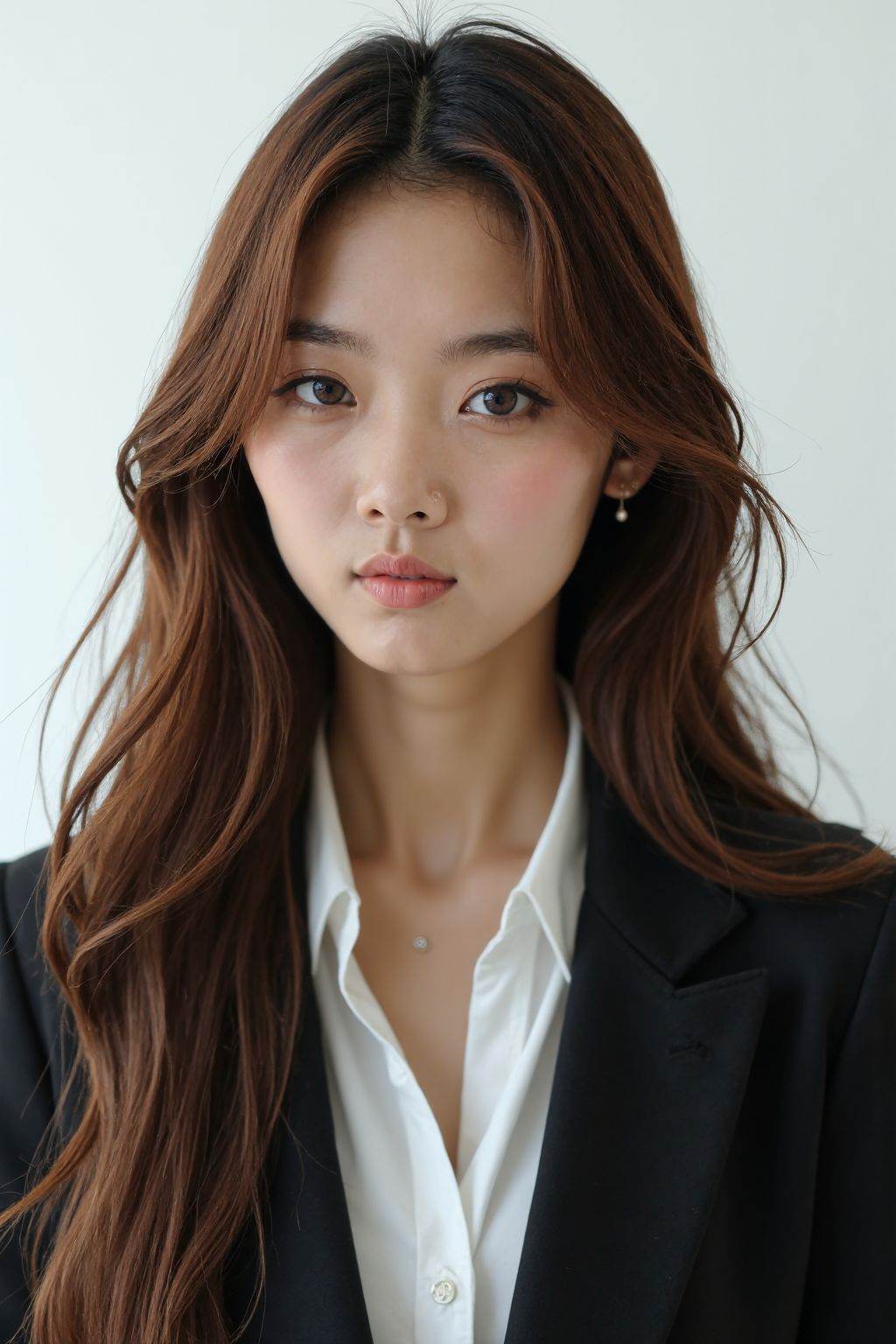 HDR photo of cinematic film still,  This is a photo of a young woman with long brown hair. He is wearing a black suit,  wh...
