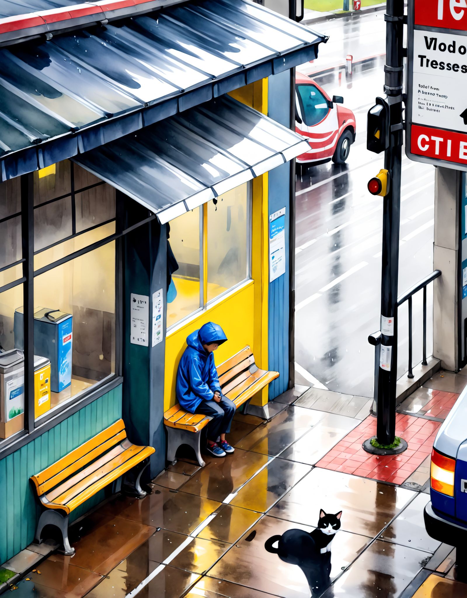A watercolor painting of a rainy day at the bus stop,  captured from above. The scene includes a tin roof,  a boy sitting...