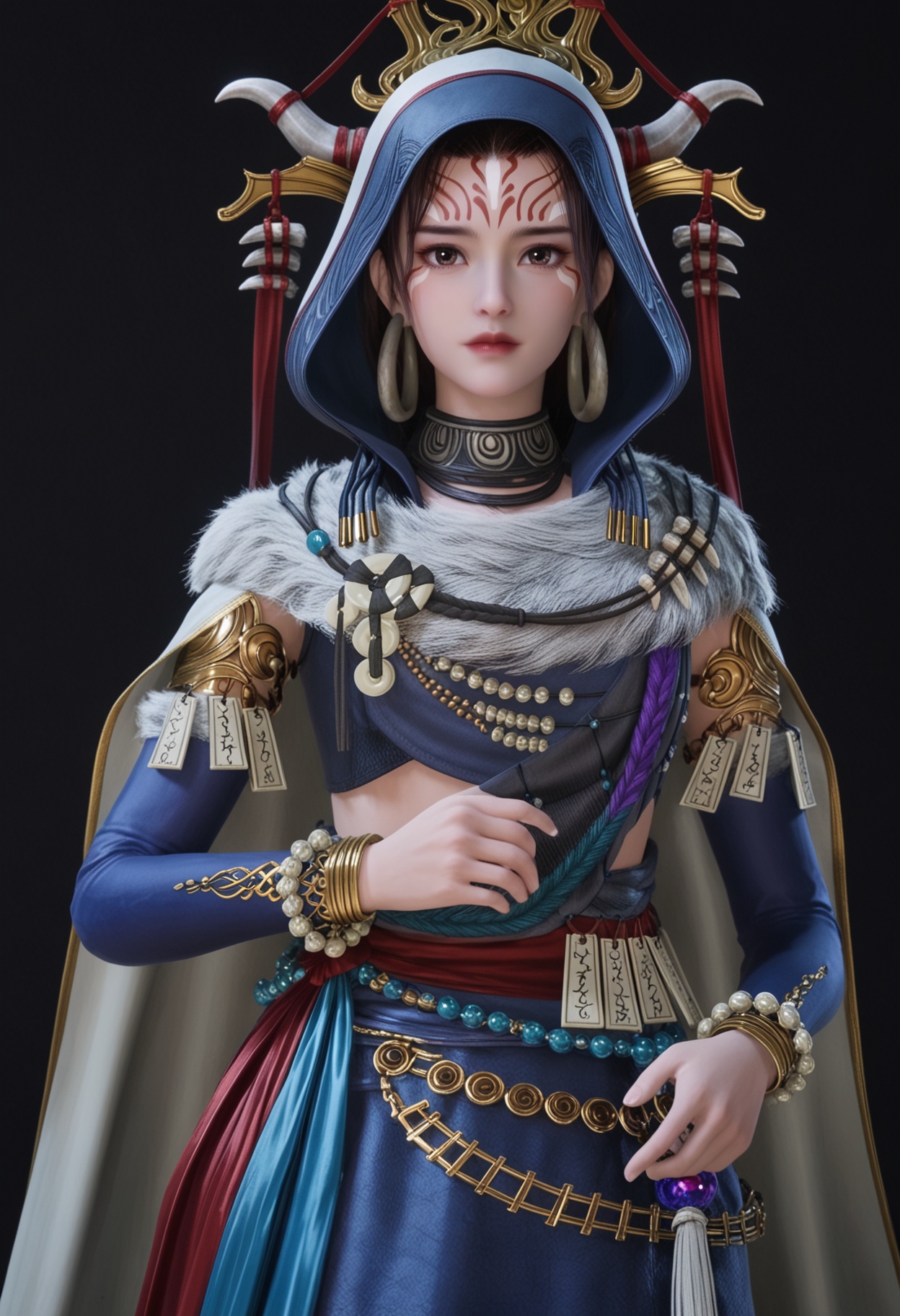 (looking_at_viewer:1.2),upper_body,<lora:YQ_pony_houtuniangniang_V4:0.8>,q1528437228,solo,1girl,jewelry,hood,forehead mark,bracelet,hood up,earrings,horns,cape,cloak,black hair,brown hair,long sleeves,necklace,brown eyes,hoop earrings,fur trim,short hair,detached sleeves,black eyes,beads,dress,sash,long hair,robe,blue dress,belt,collar,long skirt,(simple background,pure black background,black background:1.1),perfect_anatomy,