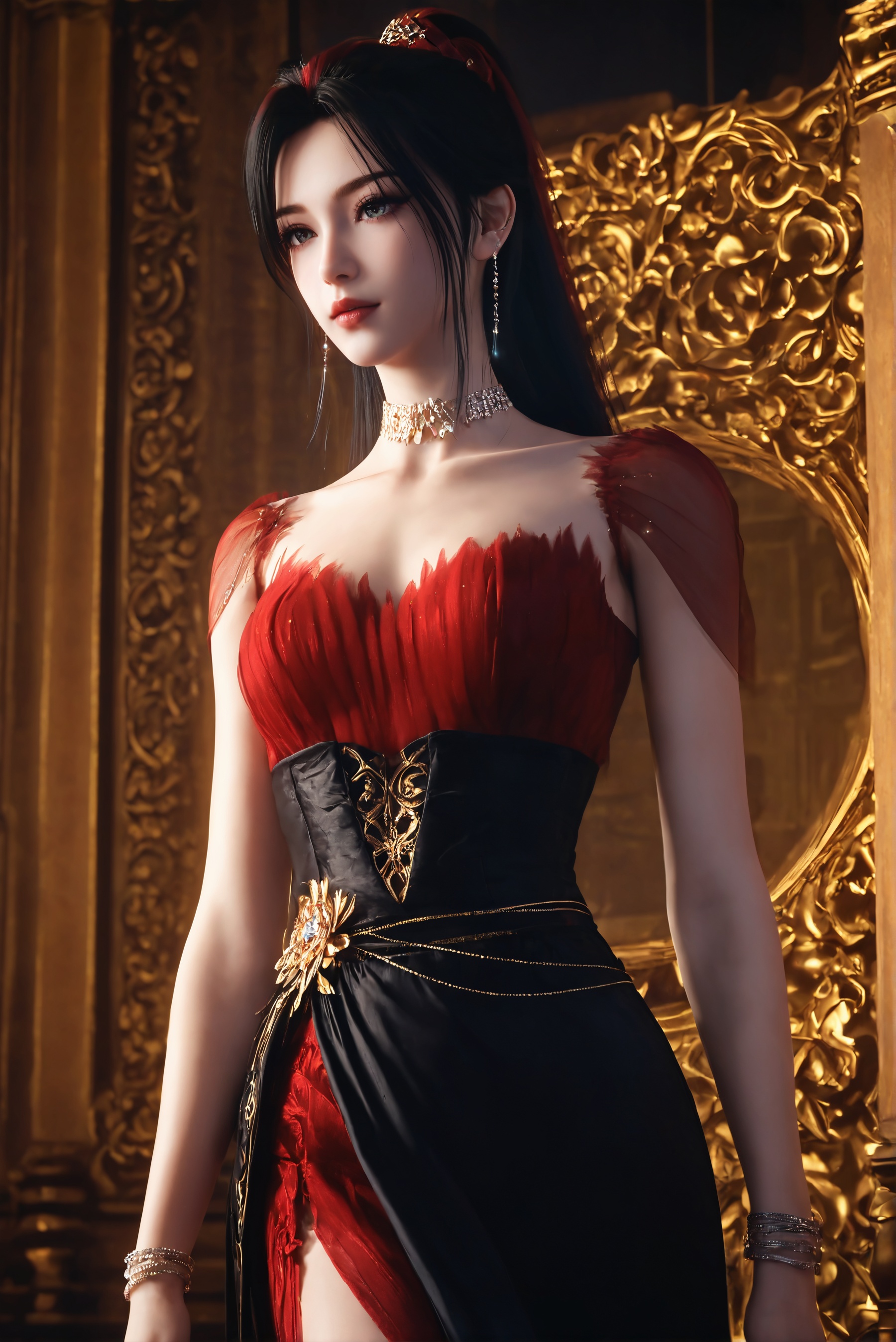 score_9,score_8_up,score_7_up,1girl,solo,3d,ultra-detailed,high resolution,perfect lighting,flawless skin,sharp focus,extremely detailed anatomy,Exquisite Craftsmanship,High-Resolution Beauty,Unparalleled Artistic Quality,masterpiece,best quality,official art,extremely detailed CG unity 8k wallpaper,<lora:赵襄儿:0.7>,black background,dress,simple background,
