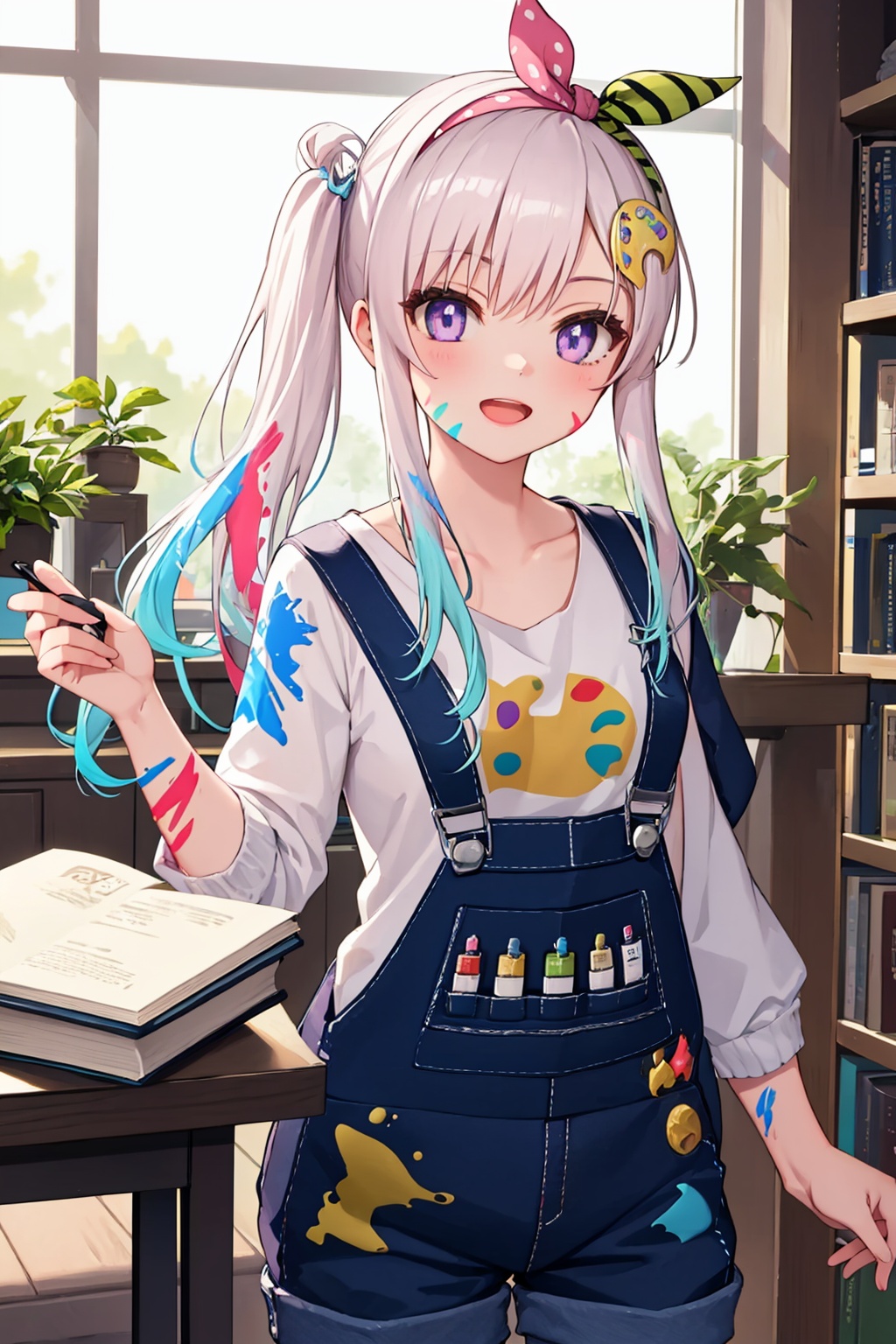 masterpiece,best quality, highly detailed, airani iofifteen,1girl, virtual youtuber, solo, overalls, looking at viewer, book, side ponytail, open mouth, window, hairband, paint splatter on face,<lora:airani_iofifteen:1>
