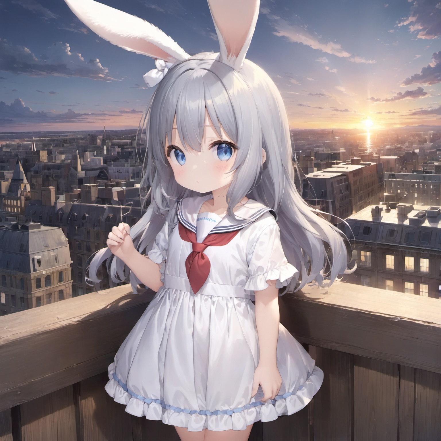 <lora:rabbit_girl_xl:0.7>,1girl,full body,looking at viewer,blue eyes,dress,short sleeves,grey hair,outdoors,sky,cloud,sailor collar,white dress,building,sailor dress,sunset,railing,cityscape,balcony,rabbit ears,