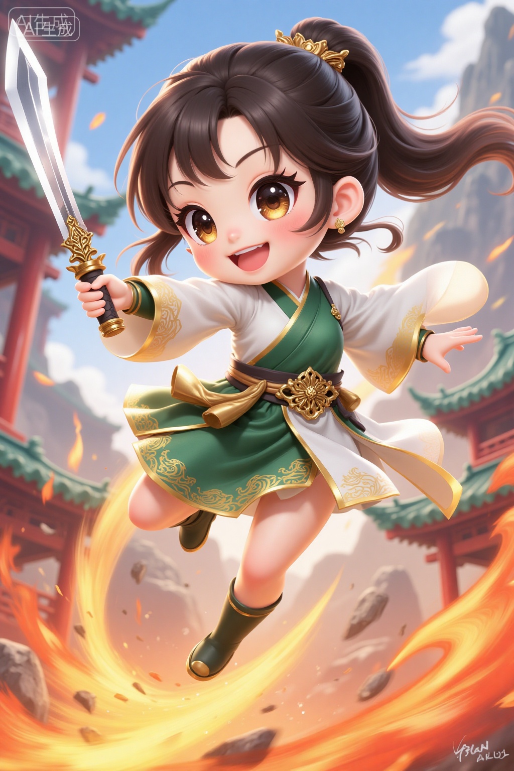 A vibrant digital illustration of a cute anime-style girl with large,expressive eyes,wielding a gleaming sword. She wears a traditional Chinese green and white kimono with gold accents,her dark hair styled in a high ponytail. She's mid-jump,surrounded by fire and traditional Chinese architecture in the background.,, Negative prompt: ng_deepnegative_v1_75t,(badhandv4:1.2),(worst quality:2),easynegative,,nsfw, Steps: 20, Sampler: Euler, CFG scale: 3.5, Seed: 3226616044, Size: 1024x1536, Model hash: 8cba4f1ef4, Model: F.1基础算法模型-哩布在线可运行_F.1-dev-fp8.safetensors, Denoising strength: 0, RNG: CPU, Lora 1: 20250906-1757172058930-0005, Lora Hash 1: 441438c536, Lora Weight 1: 0.8, vae_name: automatic
