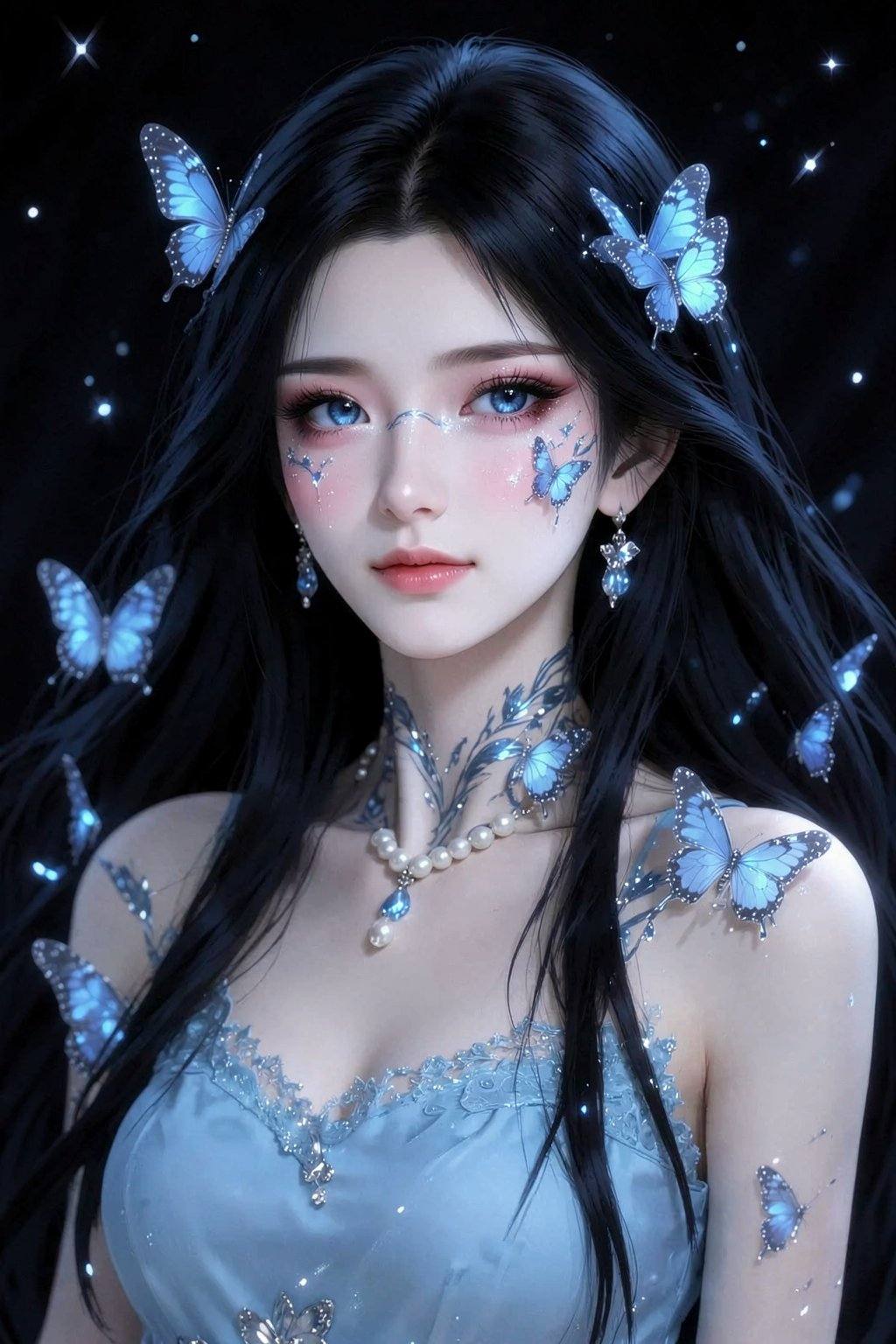 <lora:20260210_TinFlux2KleinAnimeLora2:1>, A captivating digital illustration portrays a young Asian woman, mid-twenties, with long, flowing, raven-black hair cascading around her. She has striking pale skin, accentuated by bright, captivating blue eyes and a subtle blush on her cheeks. Her face is framed by delicate, silver-blue butterfly accents and ethereal sparkling makeup. She wears a simple, elegant light blue dress with a lace neckline, complemented by a pearl necklace, earrings. Numerous shimmering blue butterflies gracefully float around her hair, shoulders, and arms. The woman's expression is serene yet alluring, with a slight, inviting smile.  Delicate tattoo-like markings adorn her neck and upper chest, adding to her delicate charm. The background is a soft, dark void speckled with faint, glittering stars, casting a magical atmosphere. The lighting is soft and diffused, highlighting the delicate textures and details. The artwork is executed in a highly detailed, digital painting style, with a dreamy, fantastical mood, influenced by romantic and ethereal art styles.