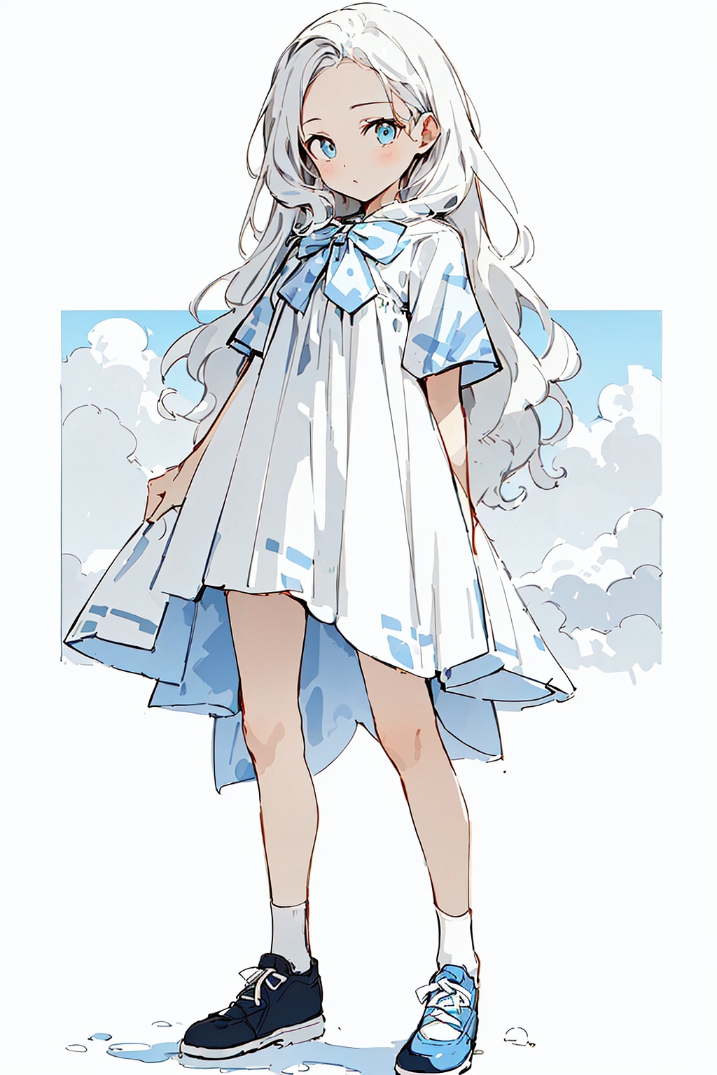 NLP,anime,2d,masterpiece,(best quality),(1girl),solo,(high contrast:1.2),(high saturation:1.2),((black and white sdress)),looking at viewer,((white and light blue theme:1.3)),((white and light blue background:1.5)),white hair,blue eyes,full body,black footwear,((the light blue water on sky and white cloud and day)),<lora:kp_小萝莉V1:0.8>, kp,standing,full body,