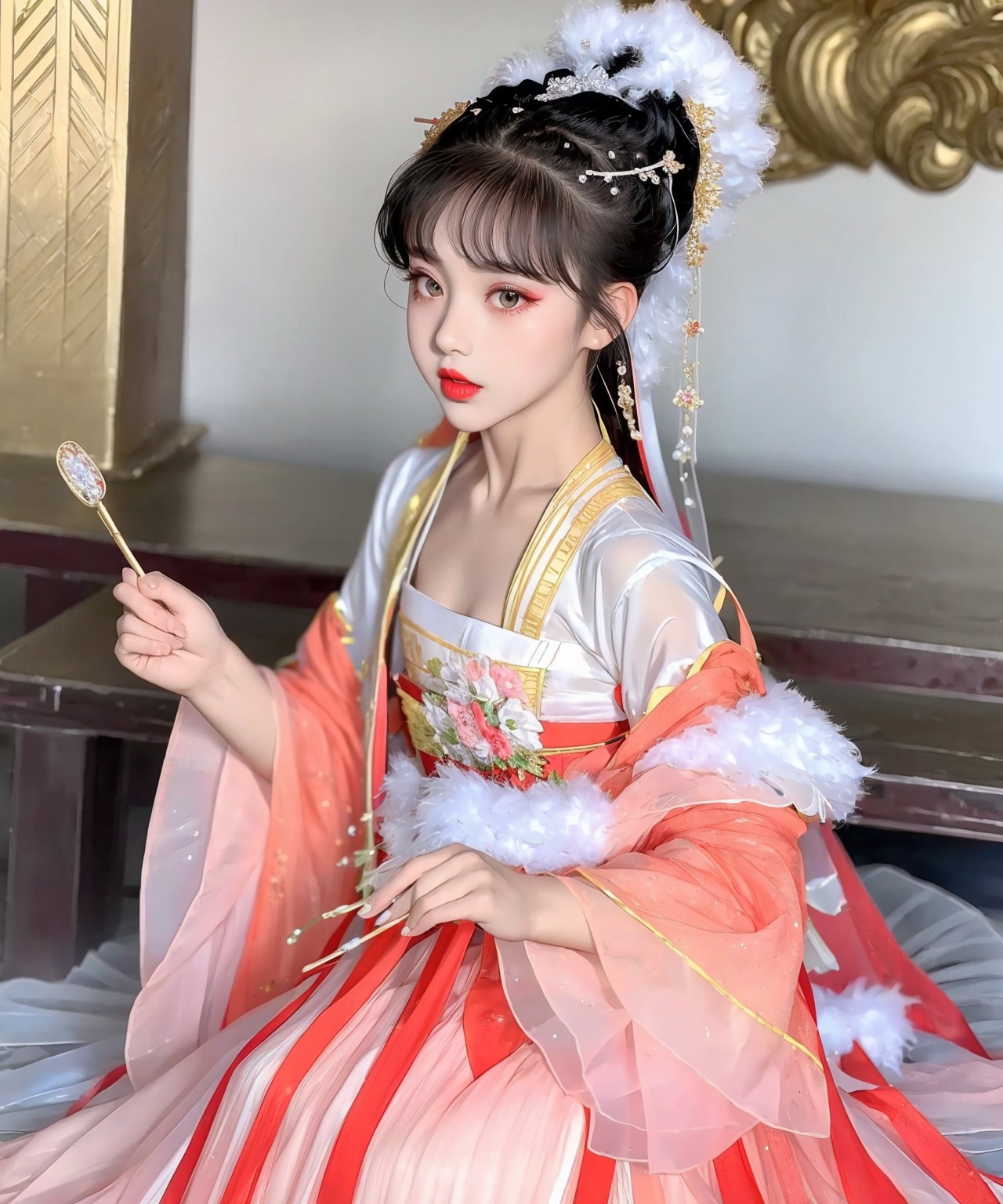 1girl,diamond earrings,water red lips,heavy makeup,close-up,black hair,long hair,solo,hanfu,<lora:小女孩汉服1.1:1>,