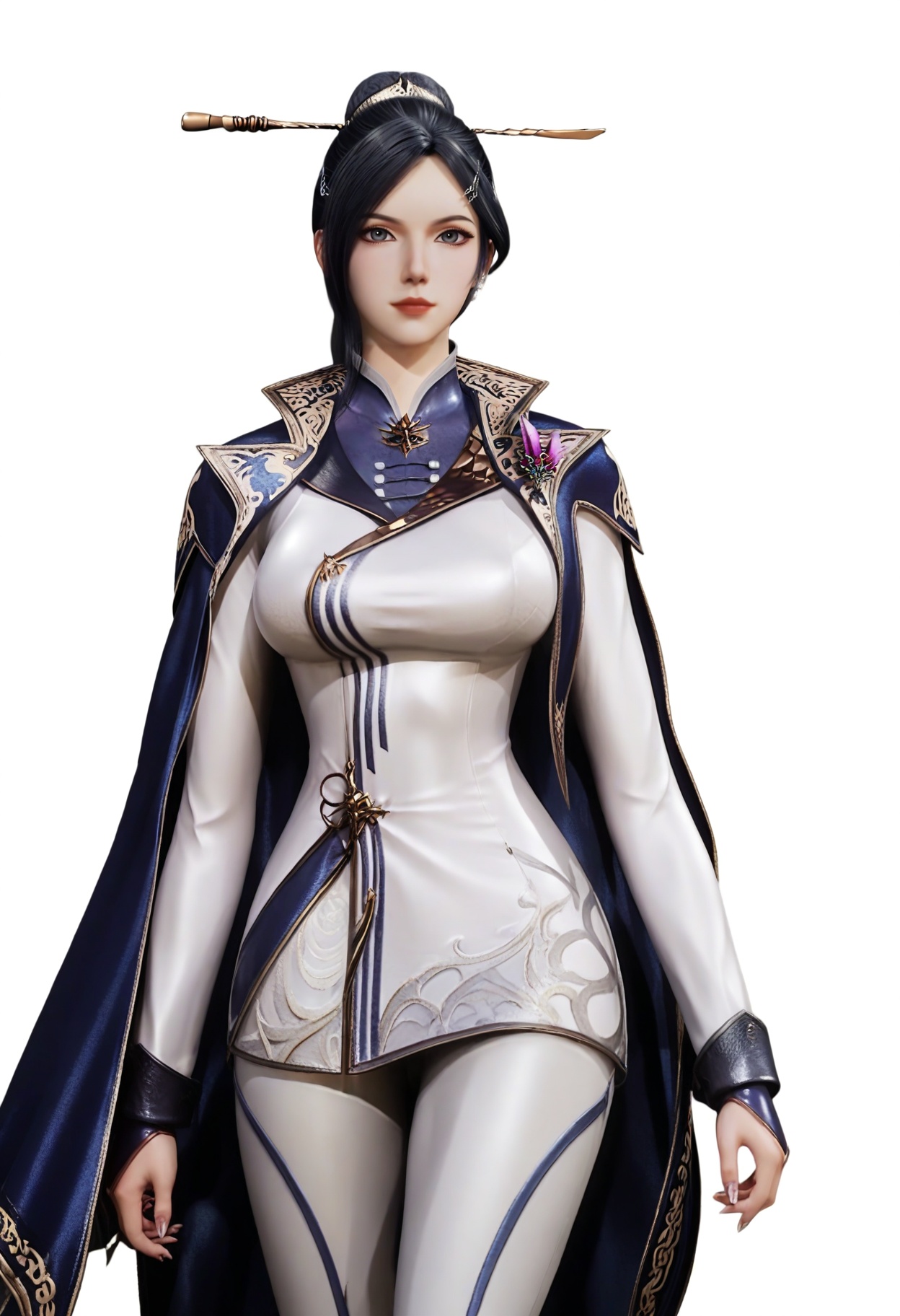 score_9,<lora:SF_ZhouYi_Pony_Realism2.3-000004:0.7>,1girl,solo,hair ornament,long hair,dress,hair bun,breasts,large breasts,dress,black hair,cape,pants,looking at viewer,white background,simple background,