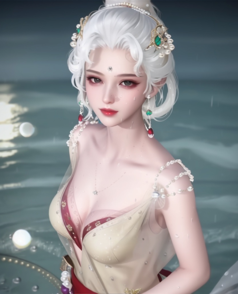 <lora:655-DA-逆水寒-白发贵妃:0.8>(,1girl, ,best quality, ),looking at viewer, ,ultra detailed 8k cg, ultra detailed background, ultra realistic 8k cg,  ,masterpiece((((1girl, solo,  , ,solo focus, wet,sweat, ocean,rain, water drop, )))) (, , sweatdrop, flying sweatdrops, sweating profusely,colorful drop \(module\), )   clean, masterpiece,     cinematic lighting, cinematic bloom,   , unreal, science fiction, luxury, jewelry, diamond, gold, pearl, gem, sapphire, ruby, emerald, intricate detail, delicate pattern, charming, alluring, seductive, erotic, enchanting, hair ornament, necklace, earrings, bracelet, armlet,halo,