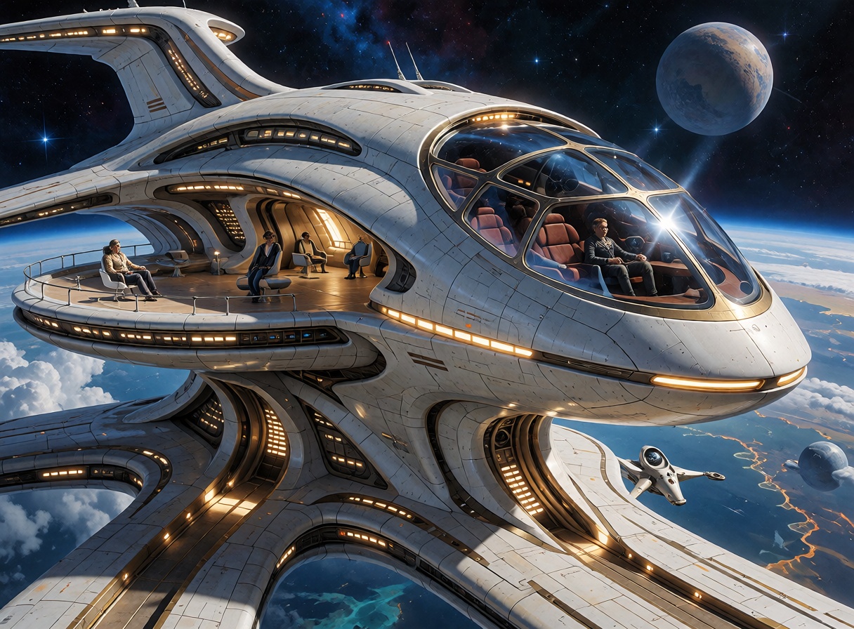 A grand futuristic passenger starliner with sleek curves,  panoramic observation decks,  glowing windows on Tensor.Art