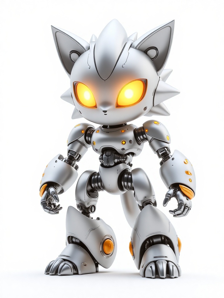 HIRO, A CGI-rendered, anthropomorphic robot with a sleek, metallic body and large, glowing orange eyes. The robot has feline features, including pointed ears and a mane of silver hair. It stands in a dynamic pose, with mechanical arms and legs detailed with orange accents. The background is a plain white, emphasizing the robot's shiny, futuristic design. 