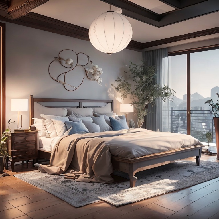 jianzhu, bedroom, bed, nightstand, lamp, painting, plants, window, curtains, rug, vase, candle, wood, floor, ceiling, lighting, interior design, architecture, perspective, depth of field, focus, blur, color, texture, material, realism, photorealism, render, 3D<lora:jianzhu-000009:0.8>