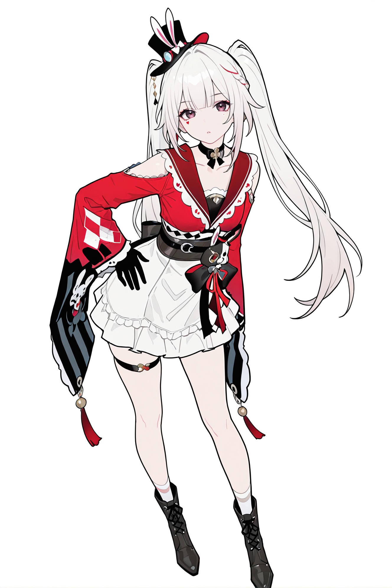 masterpiece,best quality,very aesthetic,absurdres,f1atg1r1,newest,very awa,newest,very detailed,luminous Contrast,highlights,rating_explicit,NSFW,vibrant,pin-up pose,perfect anatomy,sharp details,high contrast,kawaii anime style,vivid colors,pastel colors,realistic,(flat color:2),(flat vector:1.5),elle,gorgeous beauty,expressive,detailed face,beautiful eyes,detailed black eyes,nude,very skinny,pale skin,volumetric lighting,cinematic lighting,cinematic atmosphere,dynamic angle,full body,full shot,standing,(solo:1.2),simple background,(white background:1.2),hand on own hip,(white background:1.1),looking at viewer,<lora:huahuoXhuohua-ill-Tanger:0.8>,Sparxie \(Honkai: Star Rail\),white hair,heart and diamond facial marks,clothes: Sparxiedef red-and-white short dress,1girl,long hair,long sleeves,hat decorated with a rabbit plush,twintails,boots,black gloves,wide sleeves,kimono,black footwear,black bow,thigh strap,top hat,