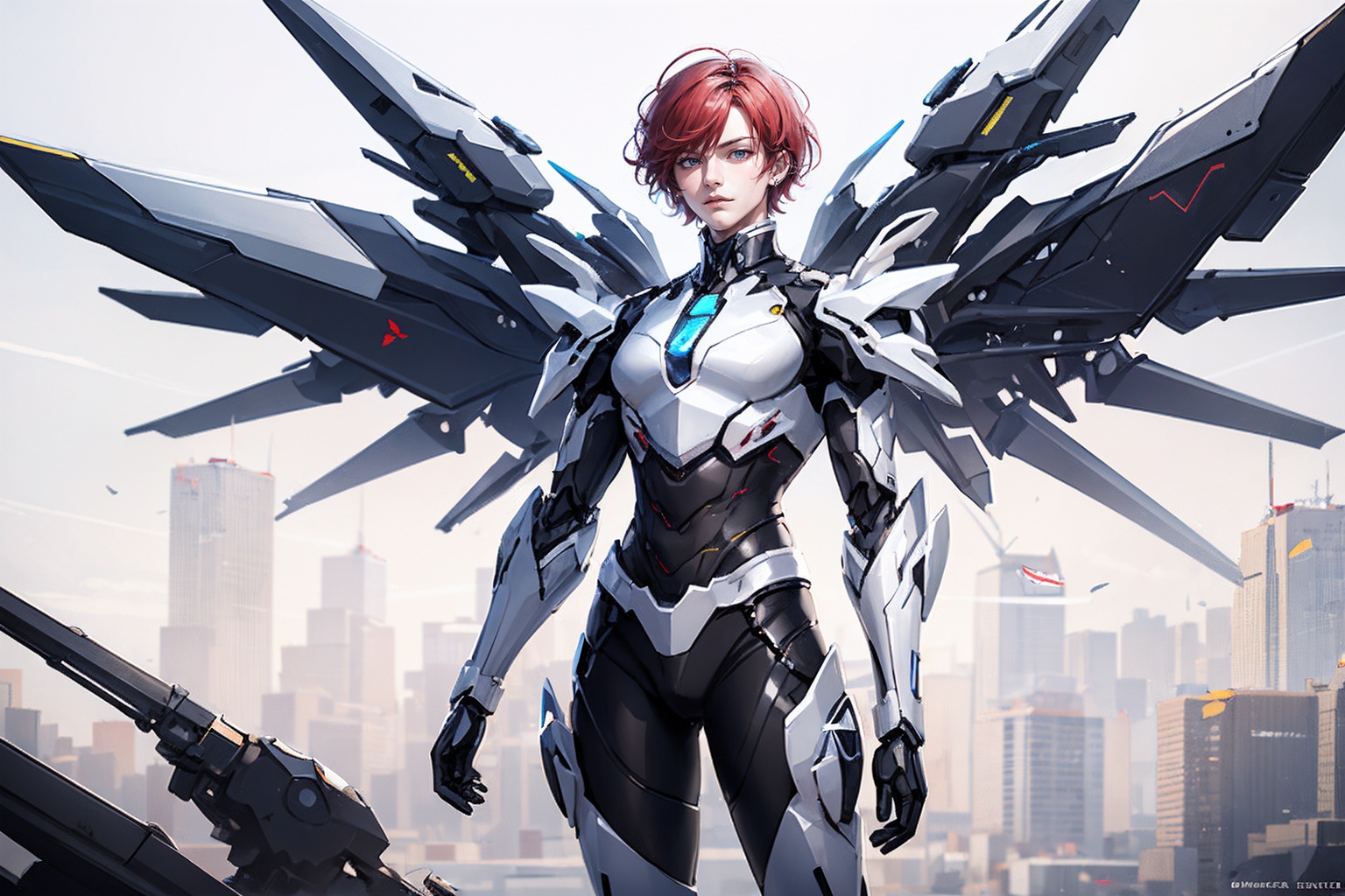 1boy,concept artwork,red hair,(a lonely solo boy:1.4),sky,wing,sitting on the ground,wings with fans,graphics card fan,strong male mecha warrior,mighty and domineering,cool mecha,32k,blue and white color scheme,white armor,<lora:atai_20240121203524-000008:0.7>,white_background,standing,cowboy_shot,