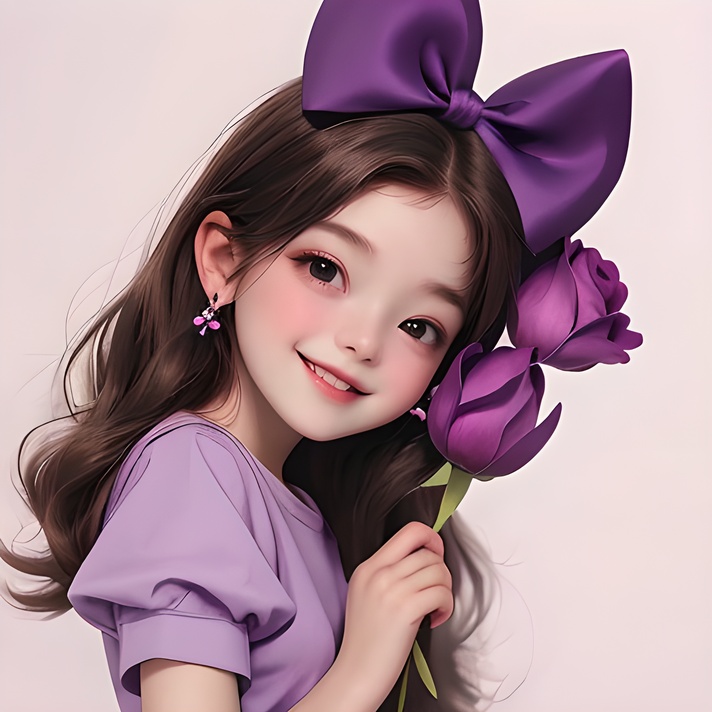 A girl,lovely,purple bow,purple T-shirt,holding a rose in her hand,sweet smile,wink,close one eye,lovely <lora:20240519-1716124455960:0.7>