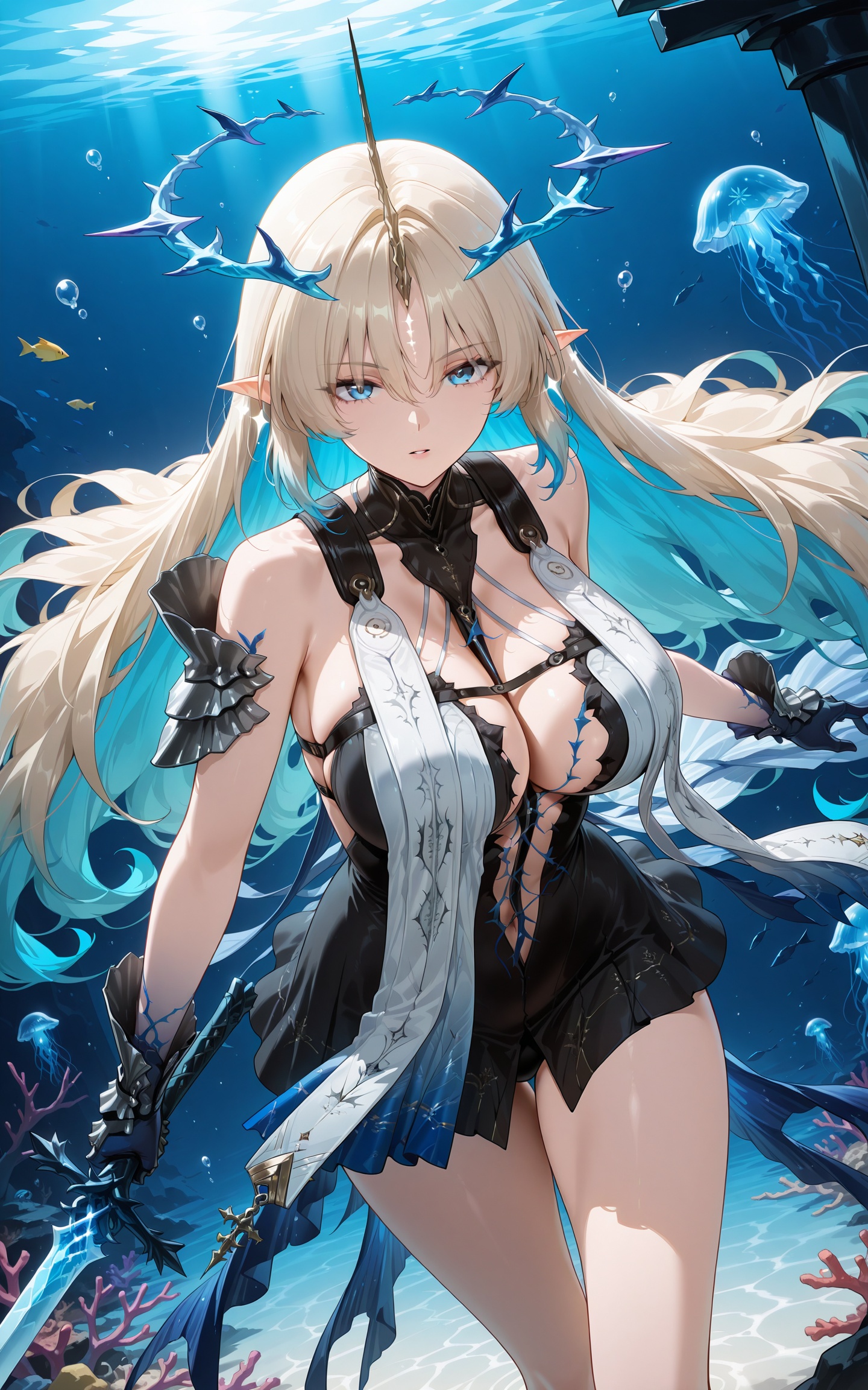 <lora:xl-ill_fleurdelys(wuthering waves)-v1-000010:0.8>,fleurdelys\(wuthering waves\), 1girl, breasts, jellyfish, solo, underwater, blue eyes, weapon, long hair, large breasts, looking at viewer, sword, holding weapon, holding, holding sword, dress, black dress, parted lips, halo, blonde hair, horns, pointy ears, colored inner hair, air bubble, multicolored hair, cleavage, bubble, fish, revealing clothes, coral, blue hair, bare shoulders, earrings, thighs, jewelry, hair between eyes, gloves, armor