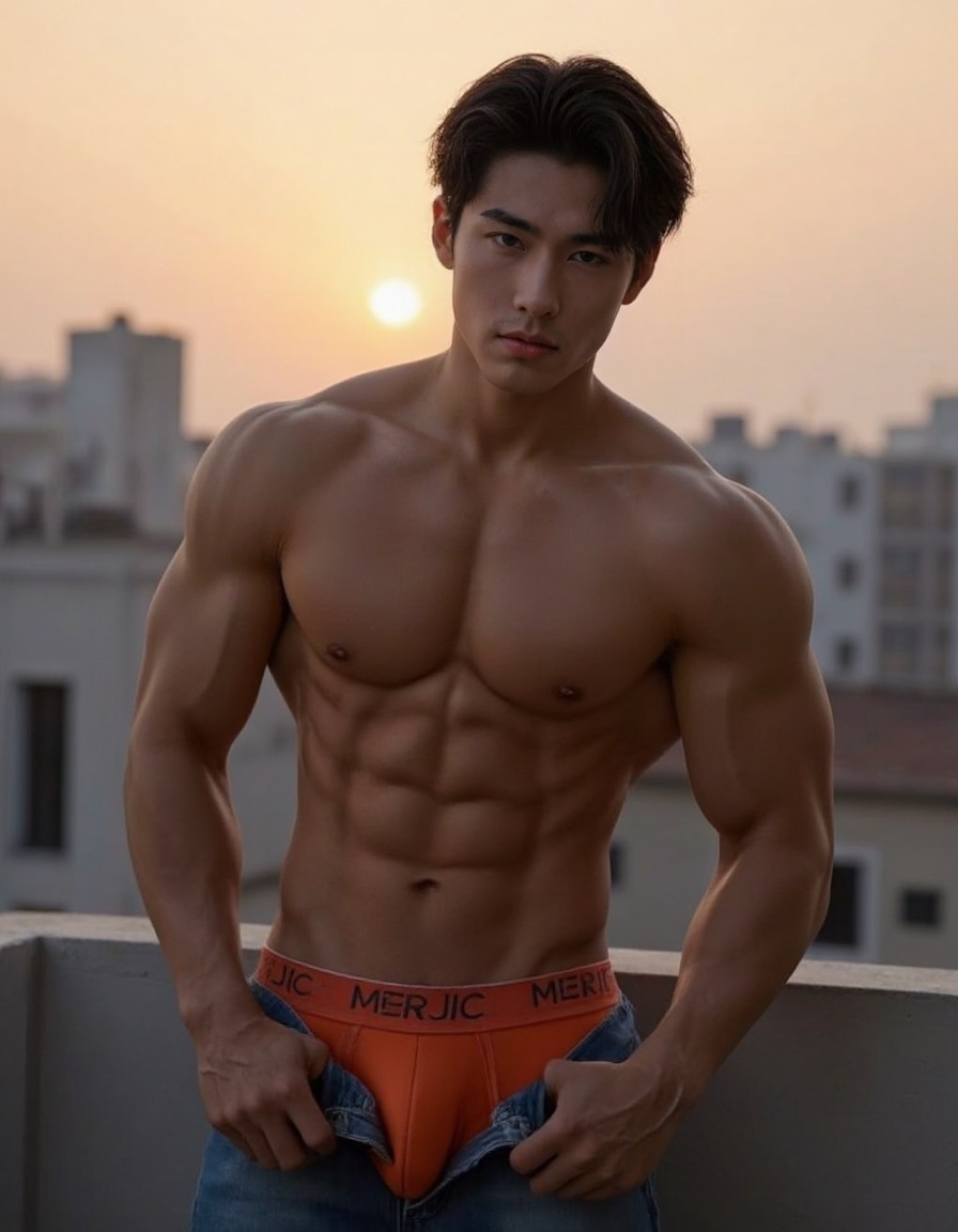 photograph of an asian male model with a very muscular physique,  he has black hair styled in a modern cut,  and wearing j...