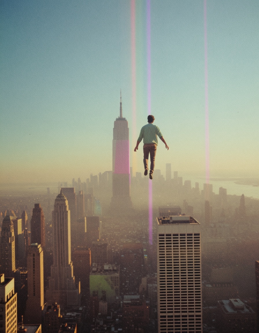 eh80retrofilms,  man levitating over new york,  twin towers on Tensor.Art