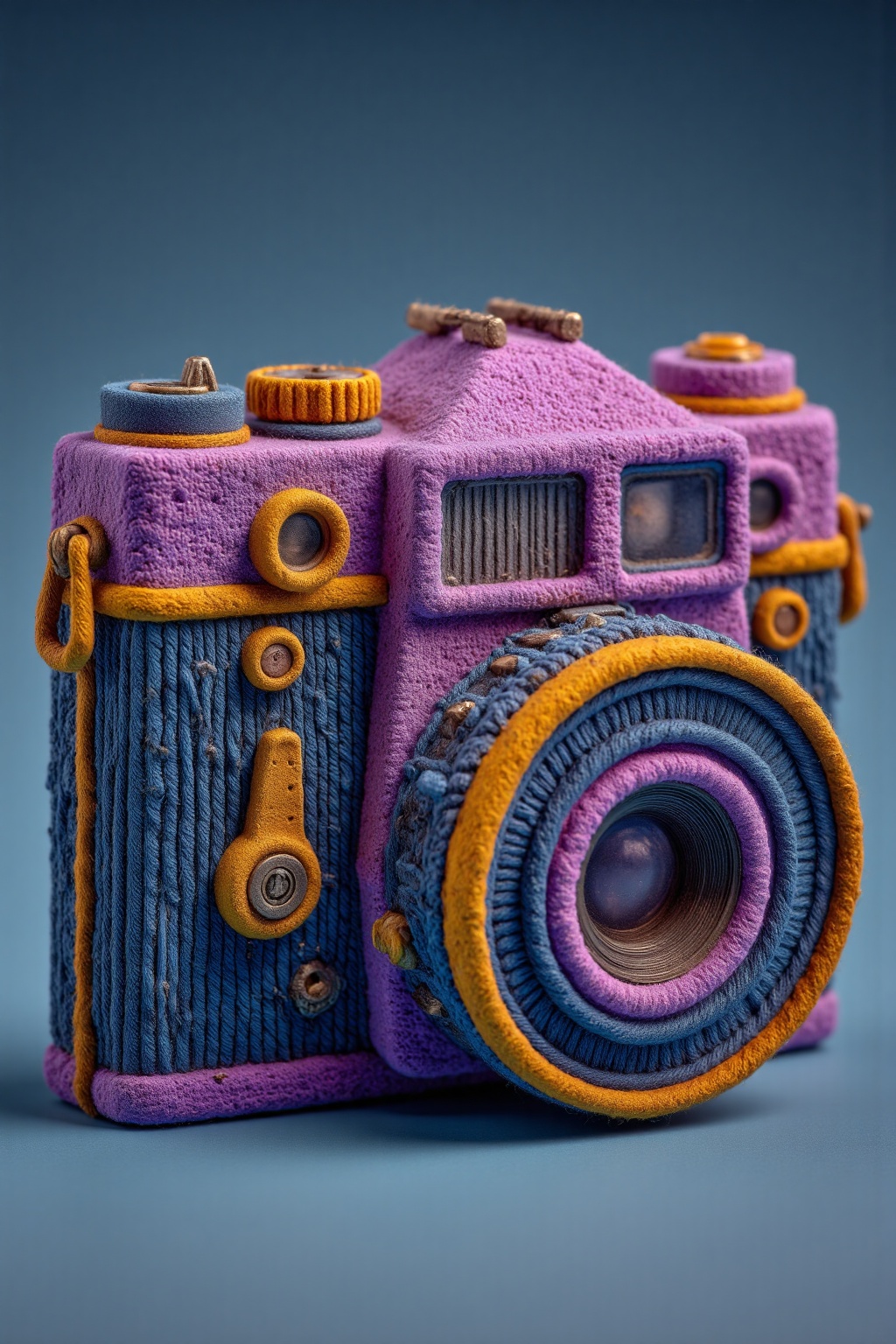 beijihui,Captured in a close-up, eye-level perspective, a small, crocheted toy camera is positioned on a light blue surface. The camera is adorned with a vibrant purple facade, adorned with yellow accents, adding a pop of color to the otherwise monochromatic scene. The lens, a wide, circular lens, is adorned in a vibrant shade of purple, adding depth to the composition. The backdrop is a muted blue, providing a stark contrast to the toy camera.