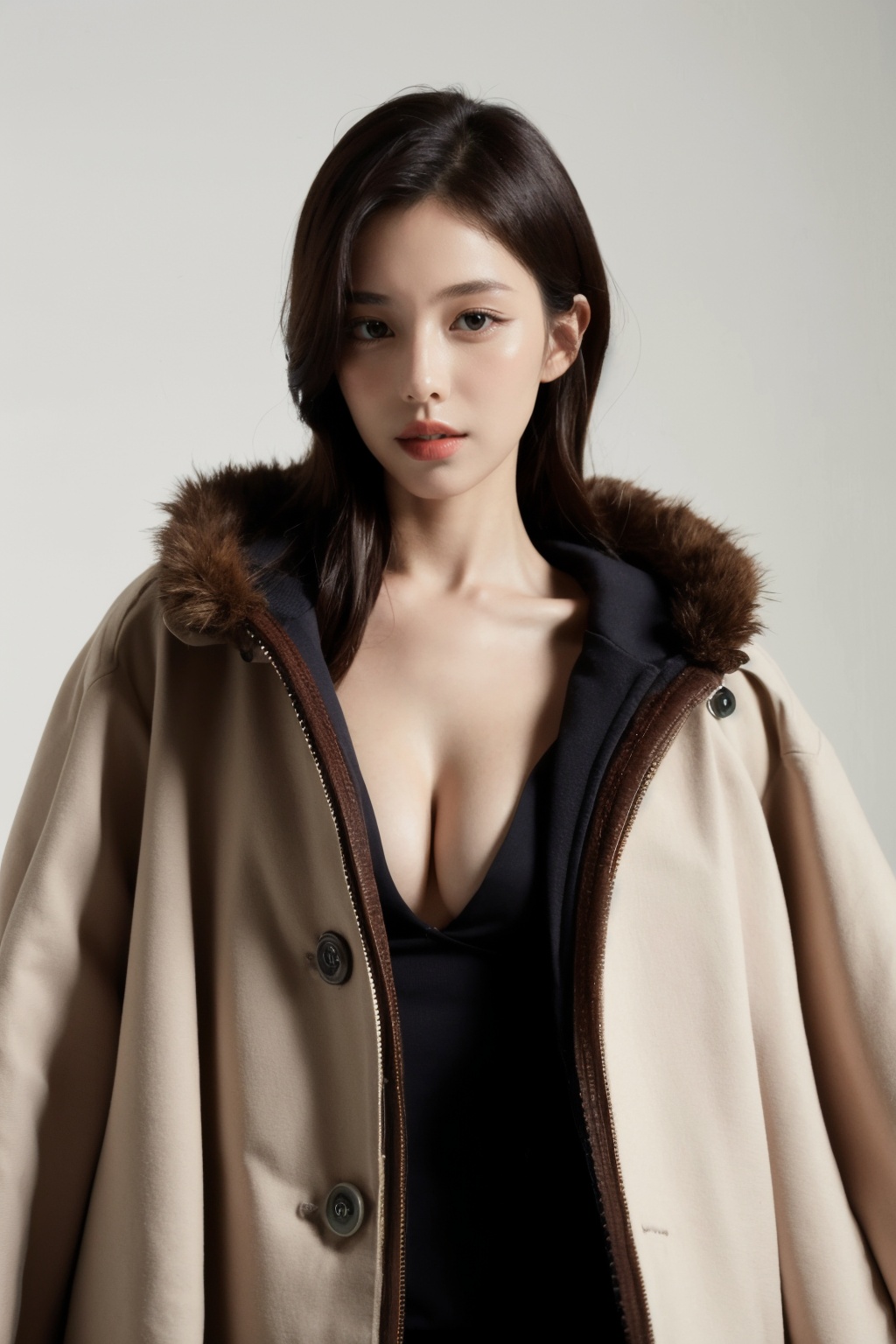 1girl, upper body, looking at viewer, white background,stockings, fur_coat,