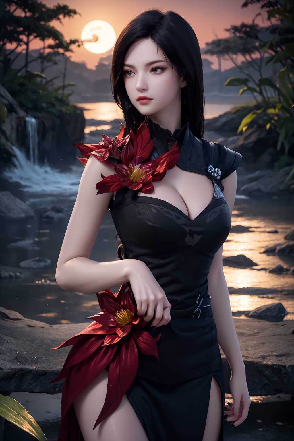 standing,dress,chinese clothes,flower,full_moon,moon,night,lily_pad,lotus,moonlight,nipples,water,night_sky,lily_\(flower\),sky,partially_submerged,1girl,solo,hair ornament,long hair,realistic,nail polish,photo_\(medium\),(big breasts, cleavage),makeup,(8k, RAW photo, best quality, masterpiece:1.2),(realistic, photorealistic:1.3),ultra-detailed,extremely detailed cg 8k wallpaper,(crystalstexture skin:1.2),extremely delicate and beautiful,(sexy pose:1.2),chinese dress,