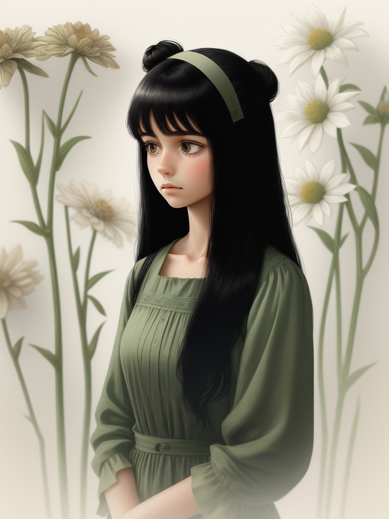 1girl, flowers, home cut, black straight hair, long hair, bun, light cream green, with a simple background of plants, looking away, minimalist and antique style, ,simple background,, .hand