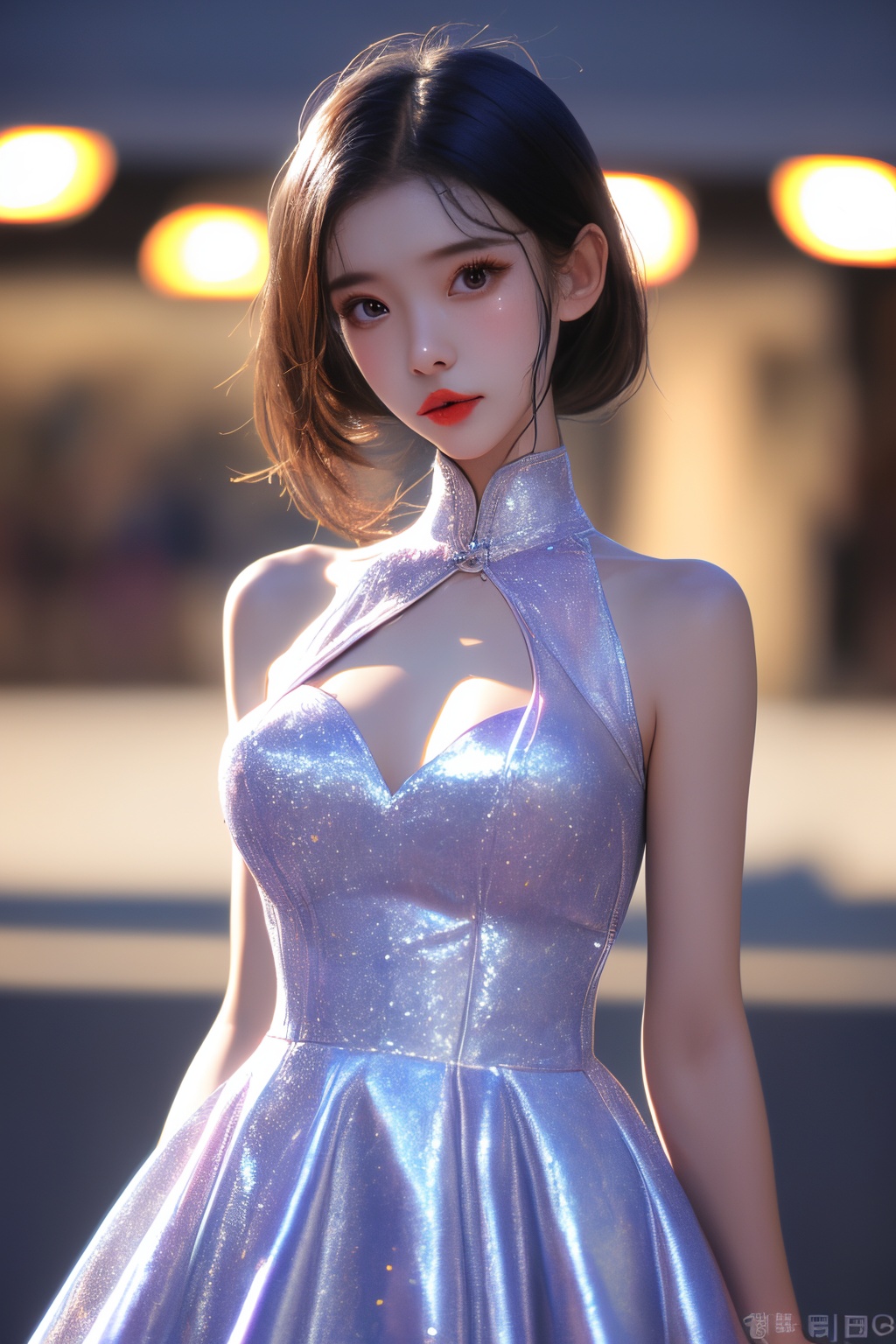 caihong,1girl,solo,dress,upper body,looking at viewer,breasts,blurry background,bare shoulders,<lora:caihong1.5:0.8>,