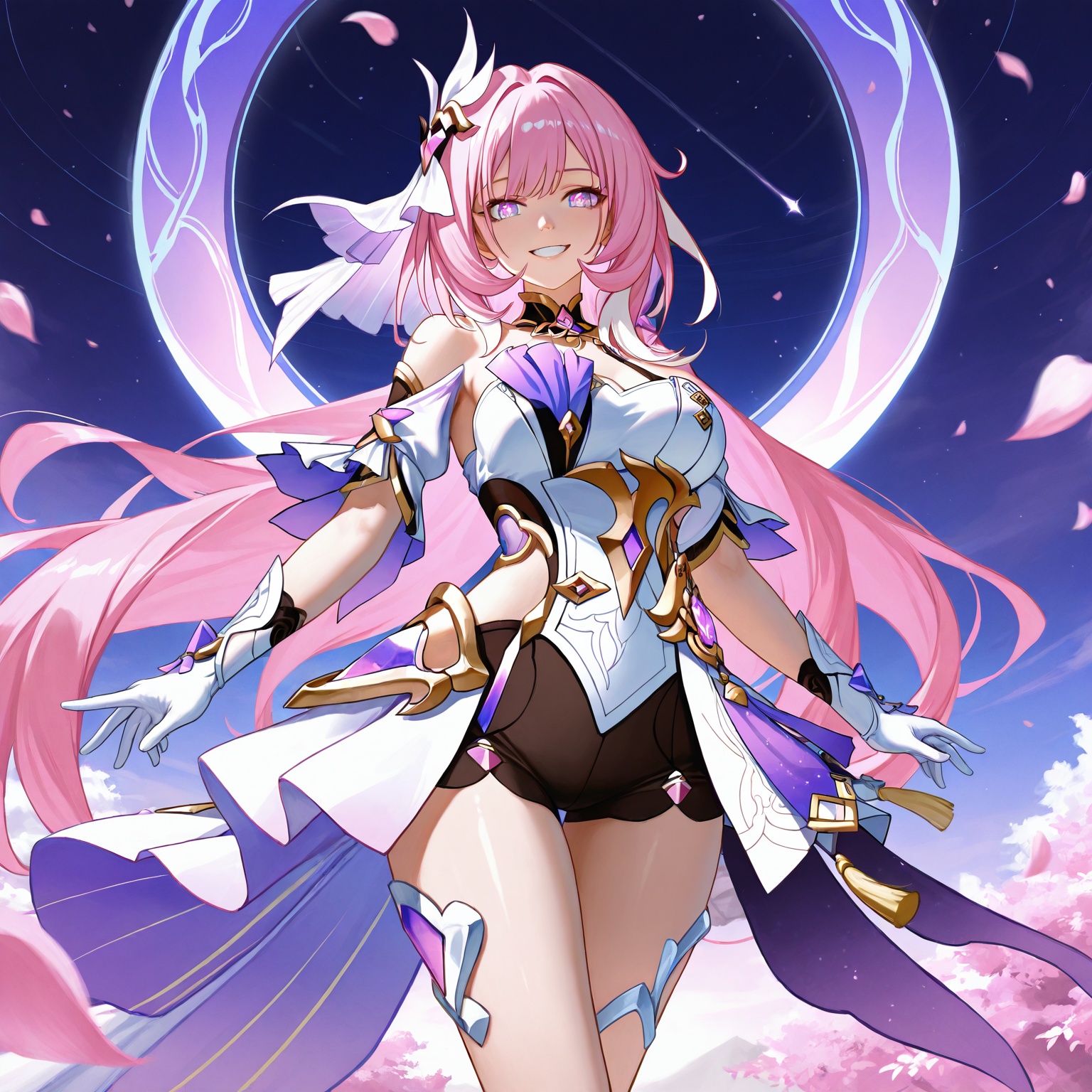 realistic,2.5D,photorealistic,1girl absurdres black_shorts boots diamond-shaped_pupils diamond_(shape) dress elysia_(herrscher_of_human:_ego)_(honkai_impact) elysia_(honkai_impact) falling_petals full_body gloves gradient_eyes grin hair_ornament highres honkai_(series) honkai_impact_3rd long_hair looking_at_viewer multicolored_eyes petals pink_eyes pink_hair shorts smile solo standing symbol-shaped_pupils teeth violet_eyes white_dress white_footwear white_gloves xuan_xuan_xuan_za,