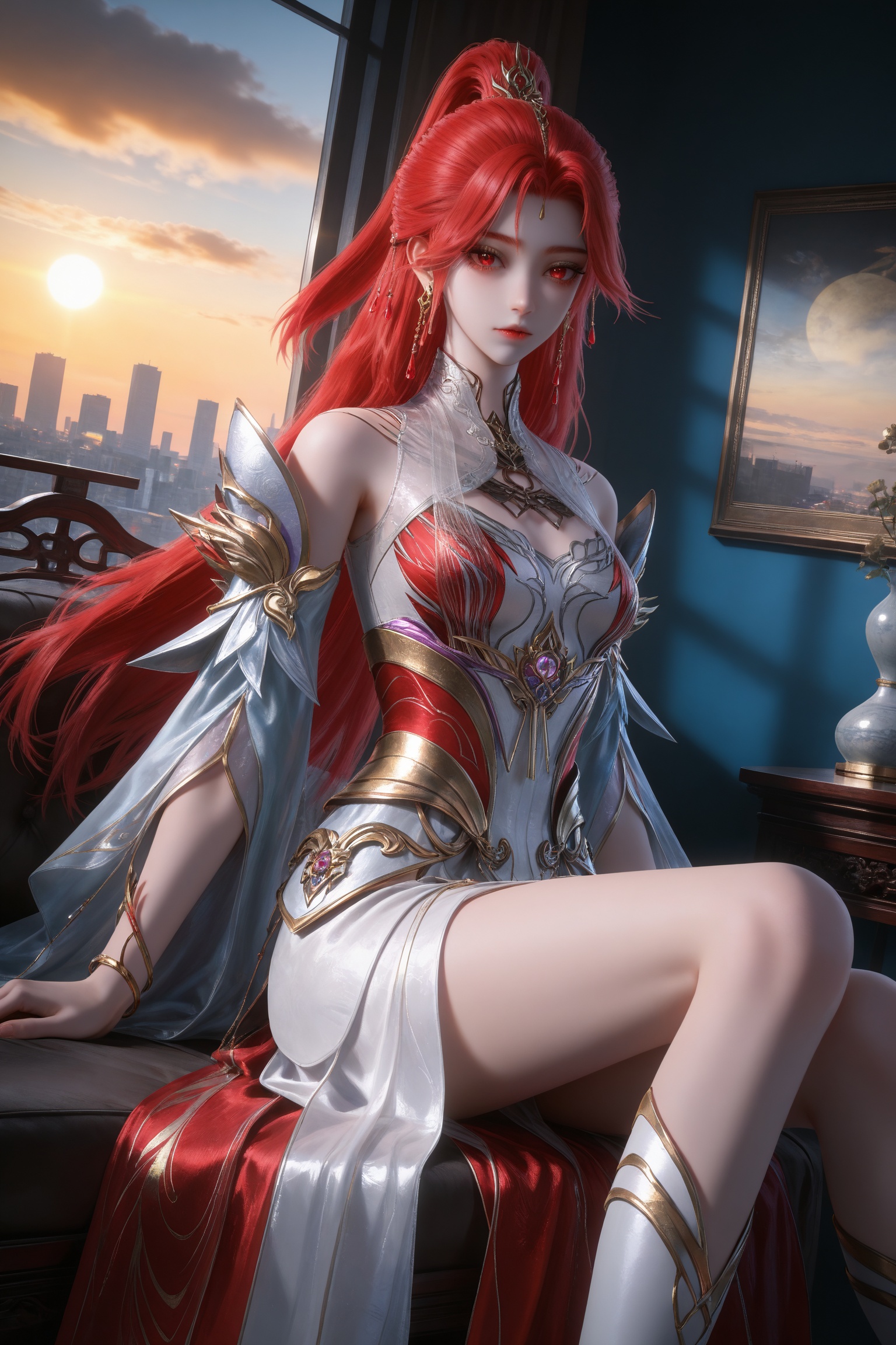 Nai3 style,realistic style photo,outstanding style,Use soft lighting to cast gentle shadows on the subject,adding a touch of dimension to your images without compromising details,whirls of vapor,(Anime:1.1),soft neon light,ethereal ambiance,delicate details,magical atmosphere,concept art,highly detailed,ultra-high resolution,32K UHD,sharp focus,best-quality,masterpiece,golden hour,unconventional supreme masterpiece,masterful details,temperate atmosphere,with a high-end texture,in the style of fashion photography,magazine style,Dynamic Angle,Dynamic posture,magazine style,Dynamic Angle,Dynamic posture,(cowboy_shot:1.2),eye trail,depth of field,cinematic lighting,lens flare,(artist:quasarcake:0.8),close-up,(artist:quasarcake:0.8),extreme aesthetic,(wlop:0.6),(honjou raita,lack,rella,wanke:0.5),masterpiece,best quality,good quality,newest,year 2025,very aesthetic,absurdres,Visual impact,A shot with tension,ultra-high resolution,32K UHD,sharp focus,best-quality,masterpiece,Emotionalization,unconventional supreme masterpiece,masterful details,temperate atmosphere,with a high-end texture,in the style of fashion photography,(Visual impact:1.2),giving the poster a dynamic and visually striking appearance,<lora:百炼成神-火允儿IL:0.8>,1girl,long hair,ponytail,red hair,hair ornament,red eyes,earrings,white dress,bare shoulders,detached sleeves,clothing cutout,red dress,white footwear,, 1girl,solo,sitting,window,frills,sky,cloud,indoors,cityscape,closed_mouth,sun,looking at viewer,