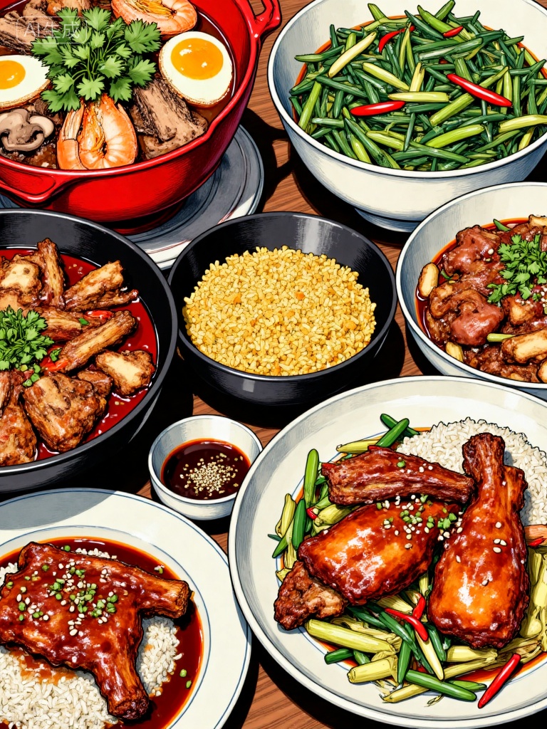 Realistic style of food illustration,Subject: A table full of Chinese dishes,, Dish details:,, Top left large pot: Red broth dish,containing shrimp,fried egg,sliced cured pork,mushrooms,topped with cilantro,, Top right bowl: Stir-fried green leafy vegetables, next small bowl: yellow crumbled rice-like food (possibly fried rice or mixed grains),, Bottom left black pot: Stir-fried spare ribs,accompanied by green onions,red peppers,white sesame seeds,with a bright red color,, Bottom right plate: Chicken leg rice,with braised chicken leg on white rice,accompanied by vegetables,drizzled with brown sauce,, Bottom left small bowl: Dark-colored seasoning sauce,containing sesame seeds and chili flakes,, Style: Realistic illustration,delicate lines,rich colors,highlighting the abundance and temptation of Chinese dishes.,, Negative prompt: ng_deepnegative_v1_75t,(badhandv4:1.2),EasyNegative,(worst quality:2),,nsfw, Steps: 30, Sampler: Euler, CFG scale: 7.0, Seed: 2122092973, Size: 768x1024, Model hash: 8cba4f1ef4, Model: F.1基础算法模型-哩布在线可运行_F.1-dev-fp8.safetensors, Denoising strength: 0, RNG: CPU, Lora 1: 而已, Lora Hash 1: de715ed38f, Lora Weight 1: 0.8, vae_name: automatic