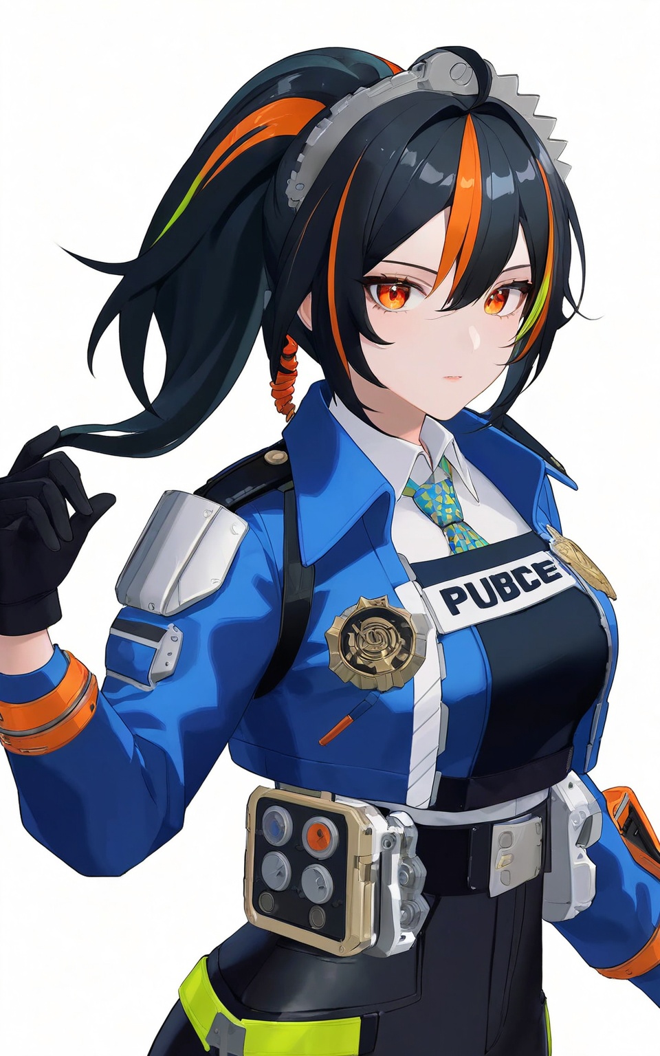 8k, best quality, masterpiece, (ultra-detailed), (high detailed skin), (white background:1.3), ( white background:1.3), standing, looking at viewer, (solo:1.3), hands on hips, completely white background, close-up, <lora:zhuyuan-a3-Tanger-000014:0.8>, zhuyuan, default clothes, Police combat uniforms, 1girl, multicolored hair, black hair, blue jacket, gloves, streaked hair, (beautiful_face), ((intricate_detail)), clear face, ((finely_detailed)), fine_fabric_emphasis, ((glossy)), full_shot, medium_shot, 