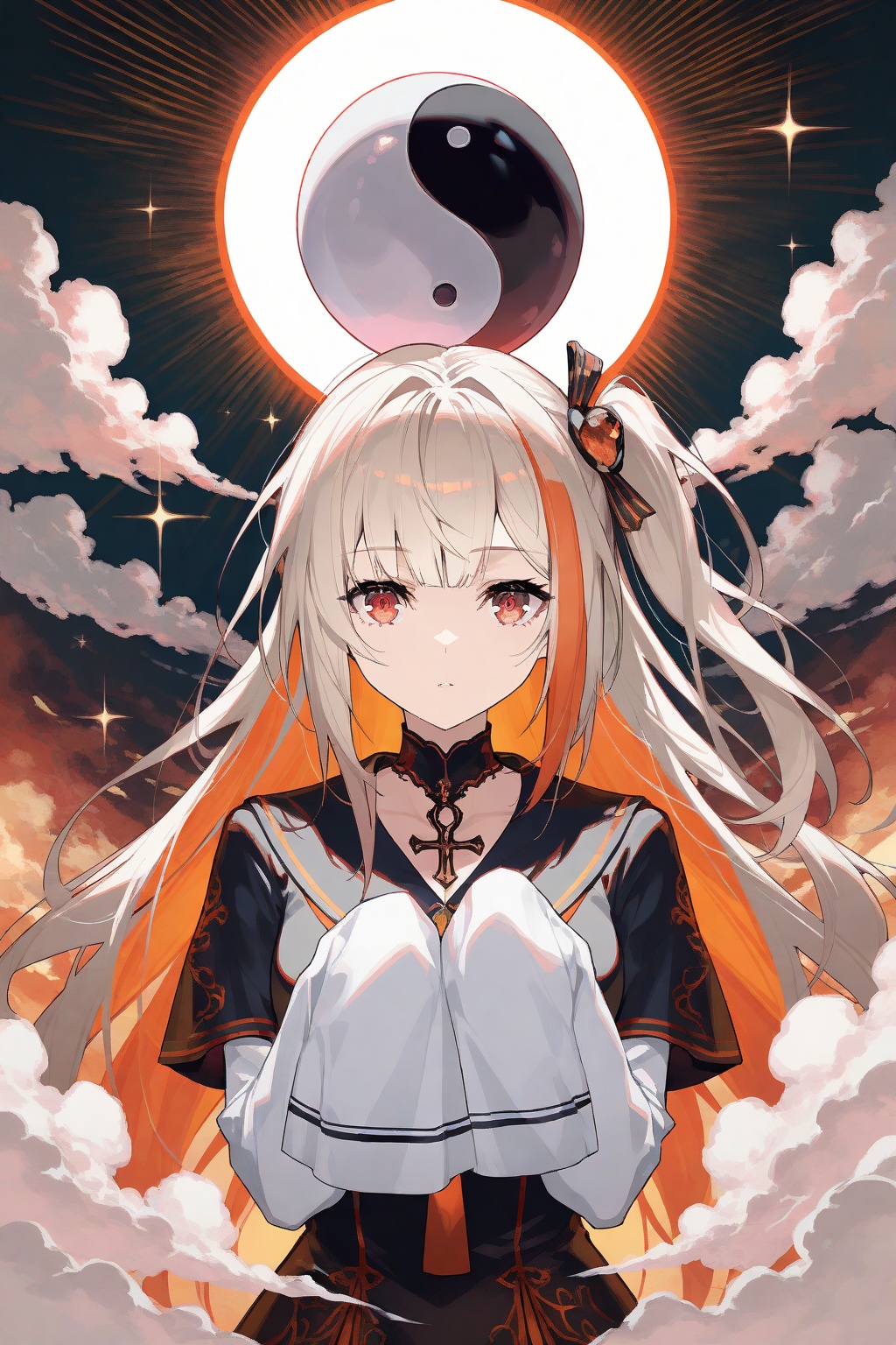 crisp,gwwj,Mika Pikazo,ezu,melting,Tender,masterpiece,best quality,very aesthetic,1girl,extremely delicate and beautiful,Noise and grain,huge filesize,amazing quality,messy hair,Part of the body blocked by fog,mist covered,new haicheng style,looking_at_viewer,dark fairy tale,Incredibly meticulous,Cthulhu style,((Monet style)),guro,artbook,upper_body,ankh_necklace,one_side_up,layered_sleeves,sleeves_past_fingers,blue and orange theme,(There are eyeballs floating around:1.1),foreshortening,cinematic_angle,((classicism)),long hair,streaked hair,((abstract art)),eye monster,sparkle_print,yin_yang_print,