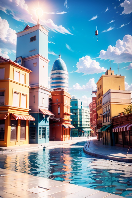 amazing, \(best quality:1.2\), Best quality, still life , 3d scene, outdoors, sky, day, cloud, water, blue sky, no humans, building, scenery, city, road, cityscape, lamppost, street, skyscraper