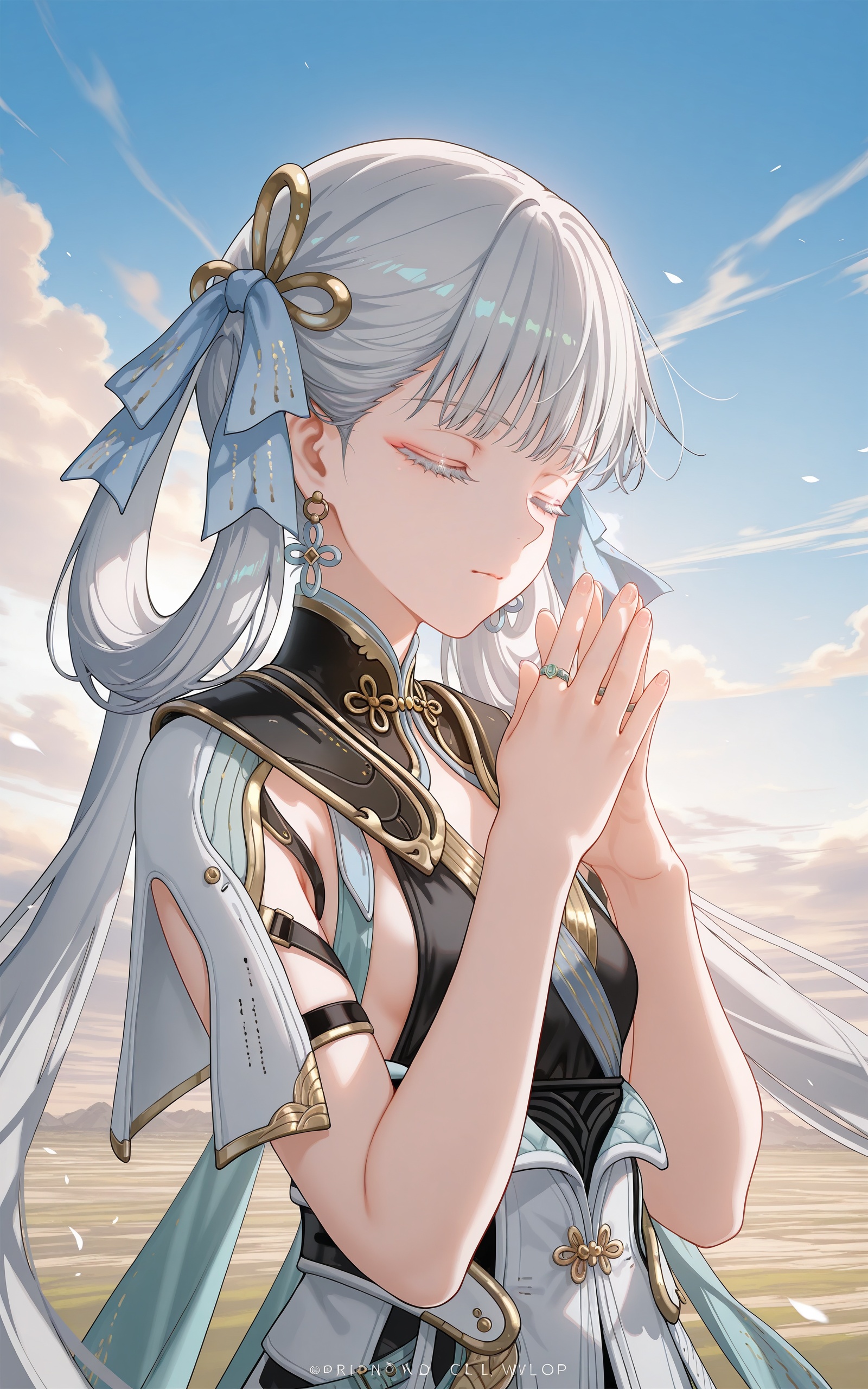 8k,best quality,masterpiece,(ultra-detailed),(high detailed skin),((artist:reoen),(artist:fuzichoco),(artist:atdan),(artist:torino_aqua),year 2024:0.8),[artist:wlop],[artist:ningen_mame],artist:ciloranko,[[artist:rhasta]],artist:tidsean,colorful,<lora:xl-ill-jinhsi(wuthering waves)v1-000010:0.8>,jinhsi\(wuthering waves\),1girl,solo,closed eyes,jewelry,earrings,long hair,sky,cloud,ring,own hands together,upper body,closed mouth,hair ornament,blue sky,grey hair,