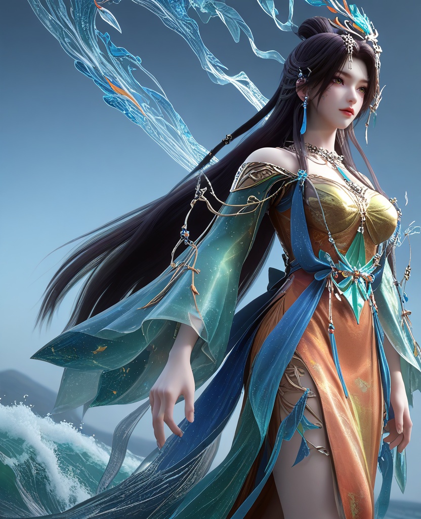 (paddleboarding,huge waves:1.1),(large breasts:1.2),<lora:XL16云深不知梦羲和风华服:0.95>,miss xihe,orange dress with blue train,yellow eyes,facial mark,black hair,absurdly long hair,traditional chinese updo with long front strands,hair ornament,jewelry,sash,blue sheer overskirt,cerulean wide flowing sleeves,, score_9,score_8_up,score_7_up,score_6_up,score_5_up,score_4_up,3d rendering,tag1,tag2, Cinematic Lighting,backlighting,