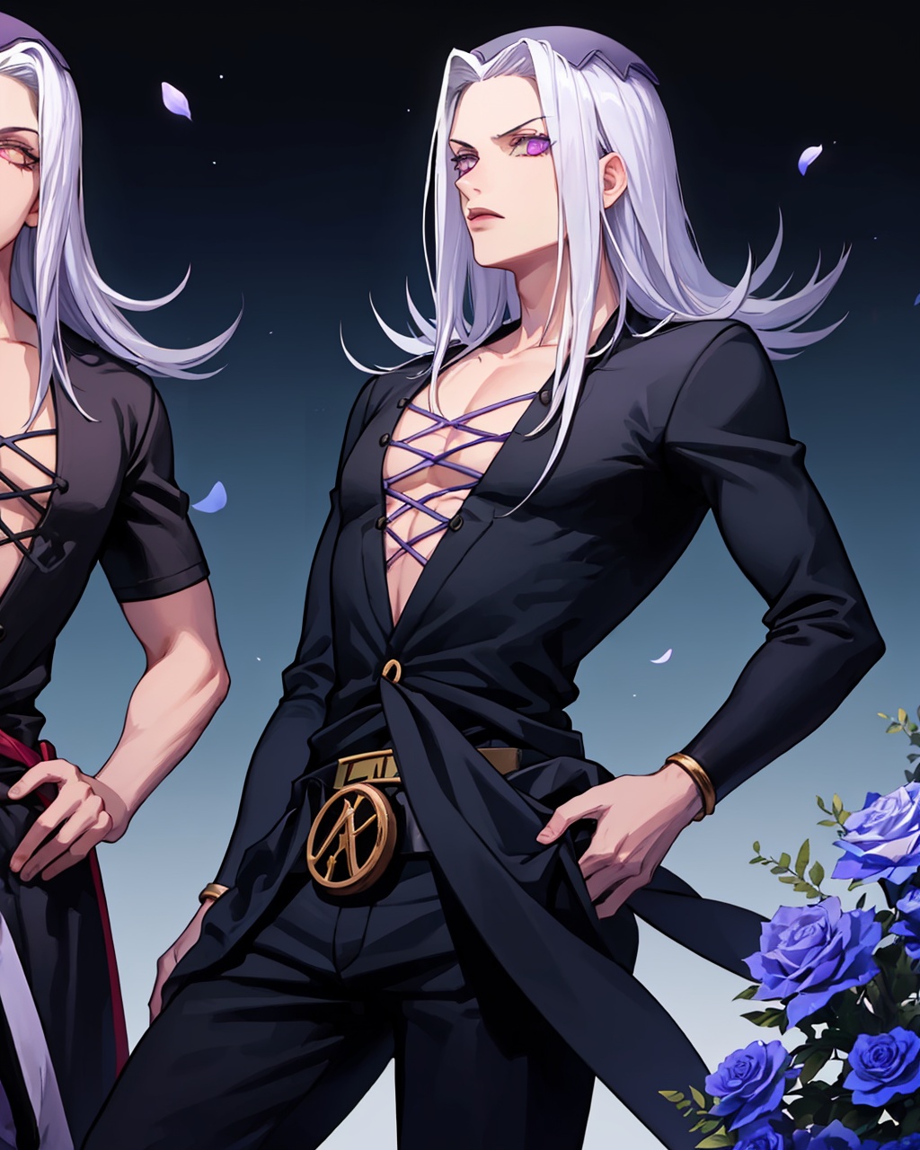 masterpiece,best quality, highly detailed, leone abbacchio,striped pants, hat, 2boys, male focus, rose, black sclera, stand (jojo), purple flower,<lora:leone_abbacchio:1>