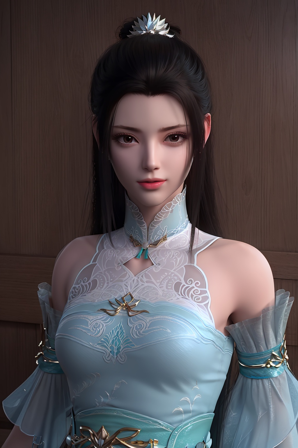 3D,masterpiece,(best quality),(makeup),official art, extremely detailed cg 8k wallpaper,((crystalstexture skin)), (extremely delicate and beautiful),(highly detailed),(face),(collar),(hair_bun),(1girl), (solo), (jewelry), (earrings),(black_hair),(long_hair),(hair_ornament),(handwear),(breasts),(bare_shoulders),(detached_sleeves),((upper_body,)),(dress),(shiny_clothes),(city,indoor),,((looking_at_viewer)),((Facing the camera)),, <lora:hipoly3DModelLora_v10:0.3>