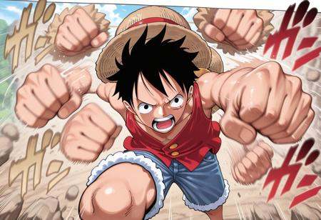 masterpiece, anime screencap, one piece, official art, manga cover, game cg, 1boy, solo, male focus, monkey d. luffy, black hair, scar on cheek, serious, open mouth, teeth, collarbone, toned, red shirt, shirt, sleeveless shirt, straw hat, hat on back, shorts, blue shorts, denim shorts, fur trim, incoming attack, incoming punch, oraora_rush, motion lines, motion blur, outdoors, 