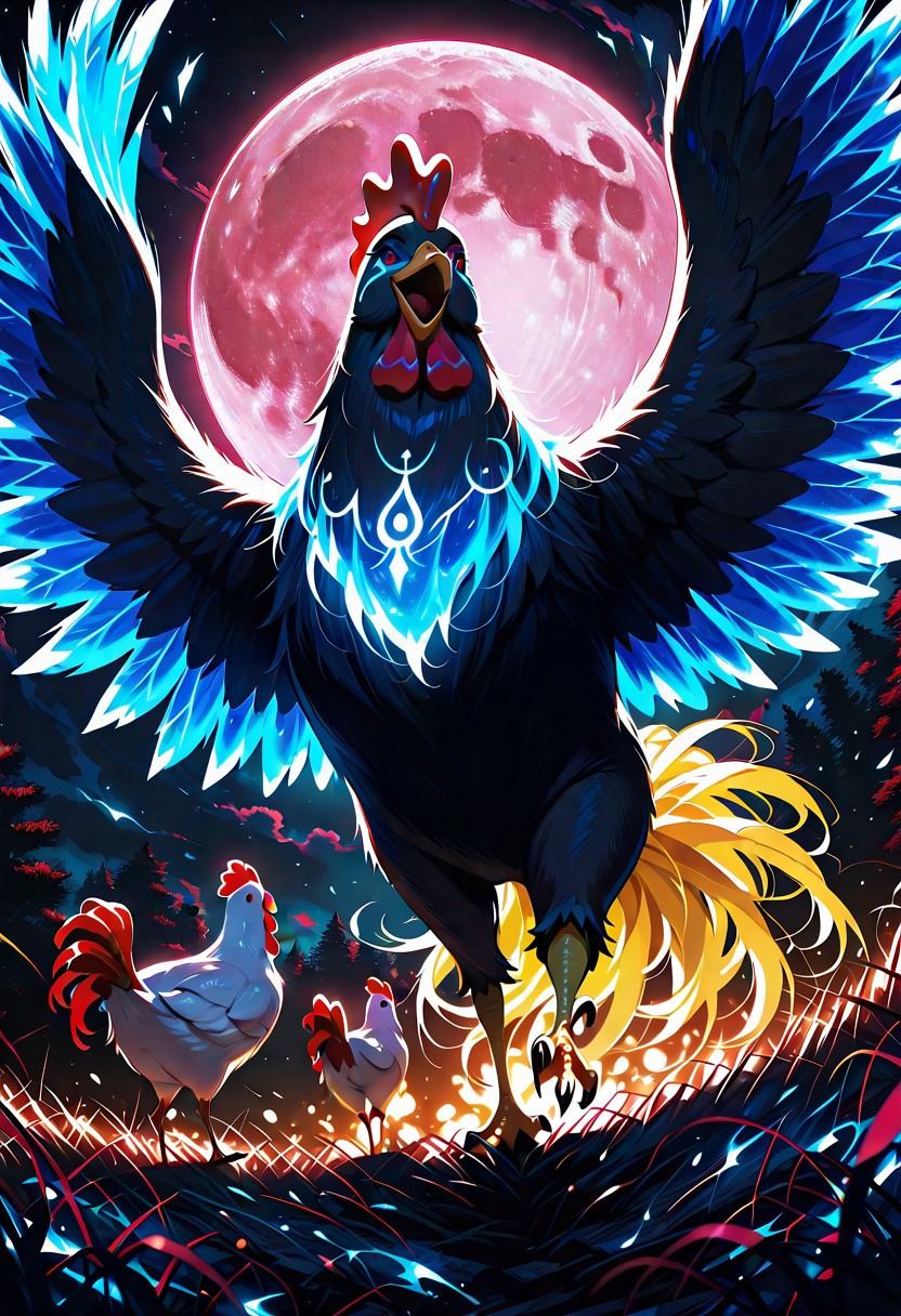 a powerful feral chicken on a farm with a blue magical glowing in his body in the middle of a ground of feral female chick...