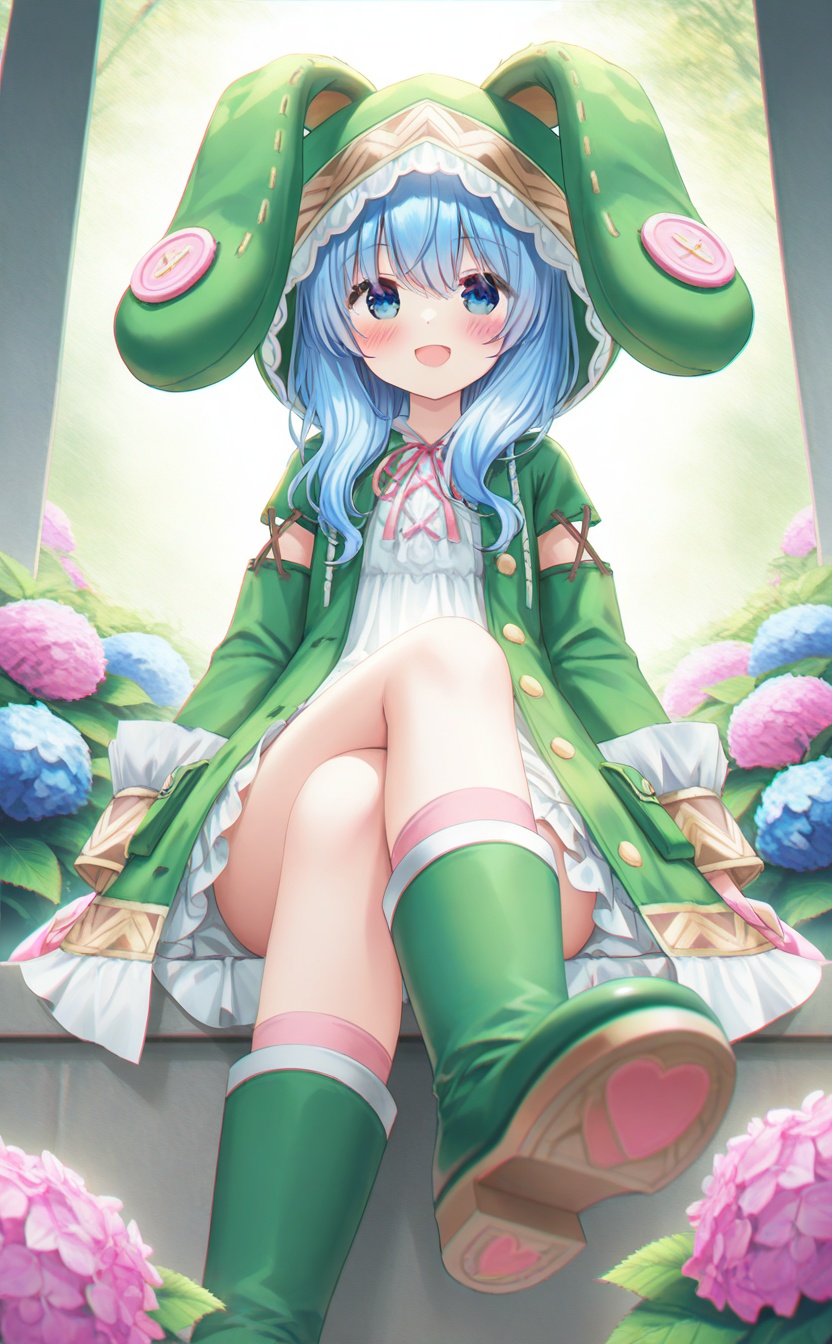 masterpiece,absurdres,best quality,high quality,chromatic_aberration,//,<lora:normal-yoshino:0.8>,normal yoshino,1girl,solo,blue eyes,blue hair,long hair,green footwear,animal hood,hood,dress,boots,white dress,looking at viewer,coat,pink socks,//,guizhencao style,crossed legs,blush,sitting,:d,foreshortening,foot out of frame,foot focus,<lora:guizhencao-style:0.4>,//,bug,portrait,blurry,plant,pink flower,blurry background,hydrangea,leaf,blurry foreground,