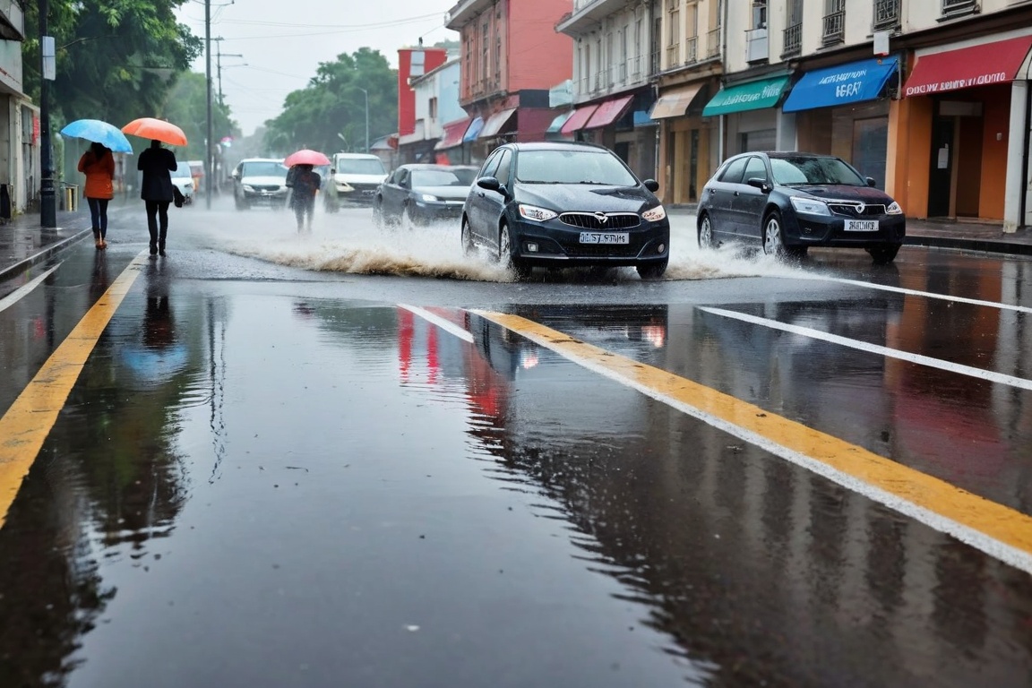 Water accumulates on the asphalt road after heavy rain.Water splashing as a car steps on water accumulated on an asphalt r...