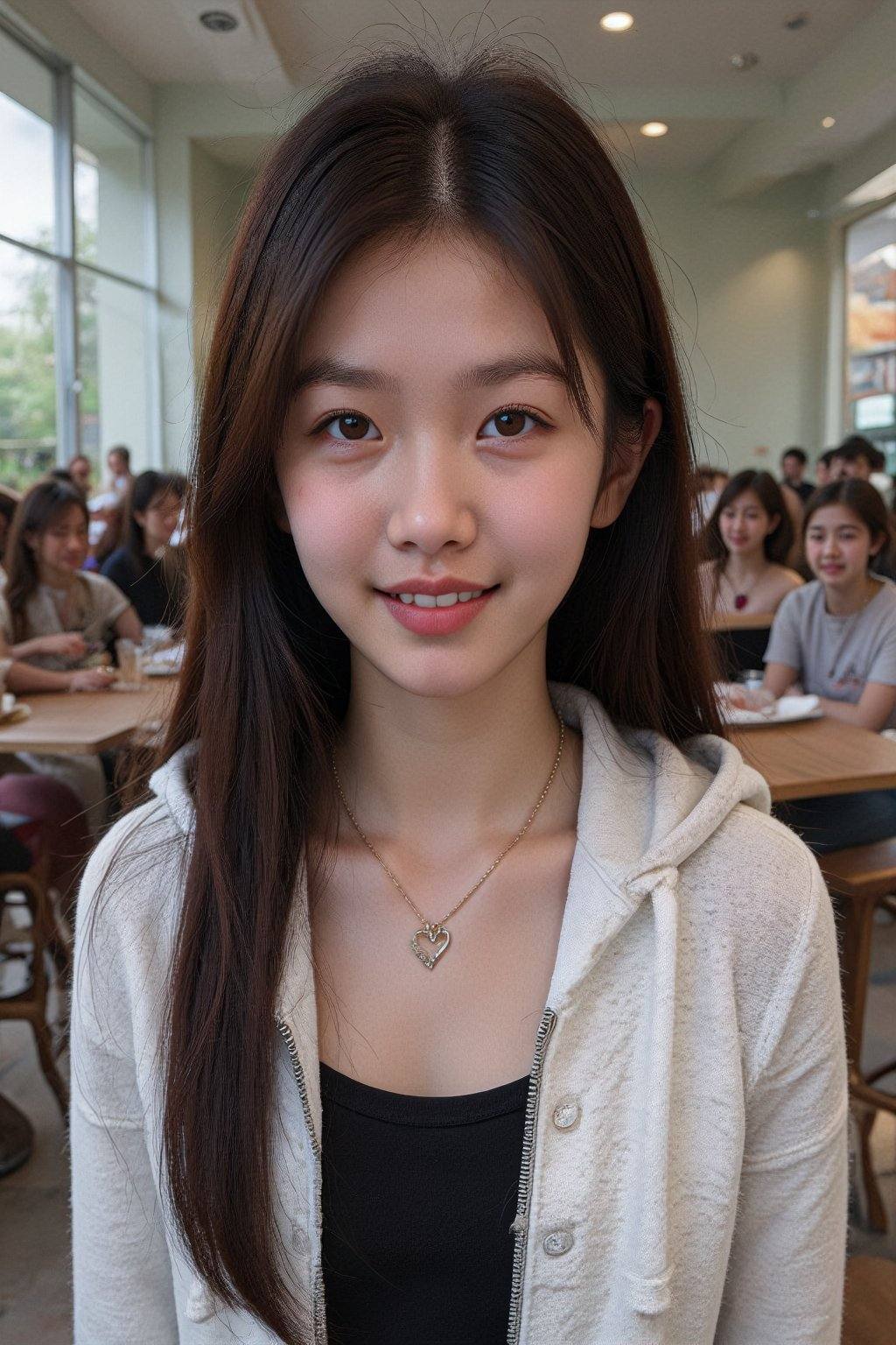 This photograph features a young Asian woman with long,  straight dark brown hair and fair skin,  smiling gently. She wear...