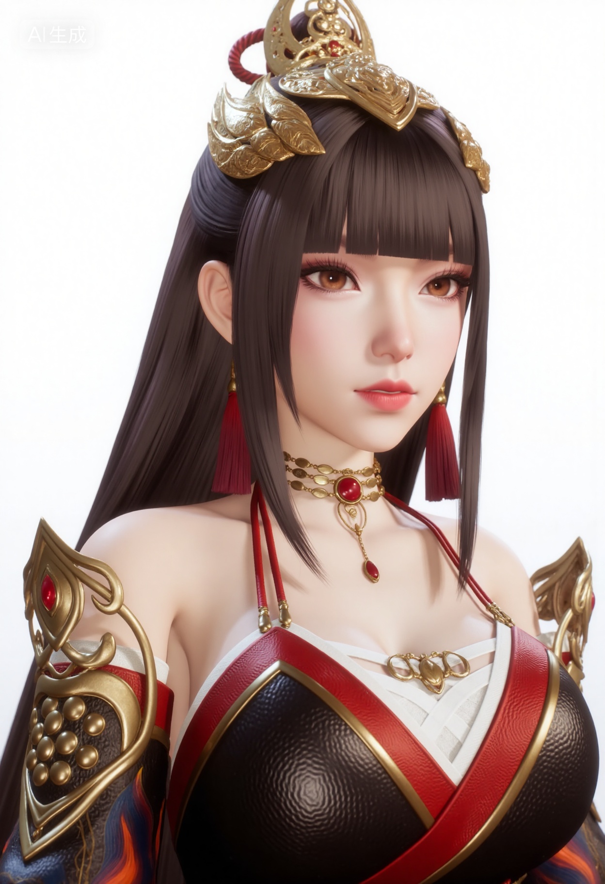 mimi,You Yi Han,close-up portrait,mimi,looking at viewer,front view,, long straight dark brown hair with bangs styled with an ornate golden crown and a red rope tied at the back,warm amber eyes,golden choker with red gemstone,matching dangling earrings with crimson tassels,off-shoulder fantasy robe in black and deep red with gold trim,layered white undergarment,ornate golden shoulder guards with dragon-scale patterns and embedded red gems,black fabric with subtle wave patterns accented with swirling flame-like designs in orange and blue,, plain white background,studio lighting,sharp focus,, Negative prompt: ng_deepnegative_v1_75t,(badhandv4:1.2),EasyNegative,(worst quality:2),,nsfw, Steps: 30, Sampler: Euler, CFG scale: 3.5, Seed: 2029730097, Size: 832x1216, Model hash: 0734f0ab2a, Model: F.1 模型下载版-黑暗森林工作室_fp16.sft, Denoising strength: 0.4, RNG: CPU, Lora 1: 20251022-1761149905385-0008, Lora Hash 1: 278bdf9851, Lora Weight 1: 0.75, Lora 2: 金宝-F.1-妆容.美颜.磨皮。三合一, Lora Hash 2: 9fa9e2a424, Lora Weight 2: 0.2, vae_name: automatic, Hires resize: 1248x1824, Hires steps: 30, Hires upscaler: 4x-UltraSharp