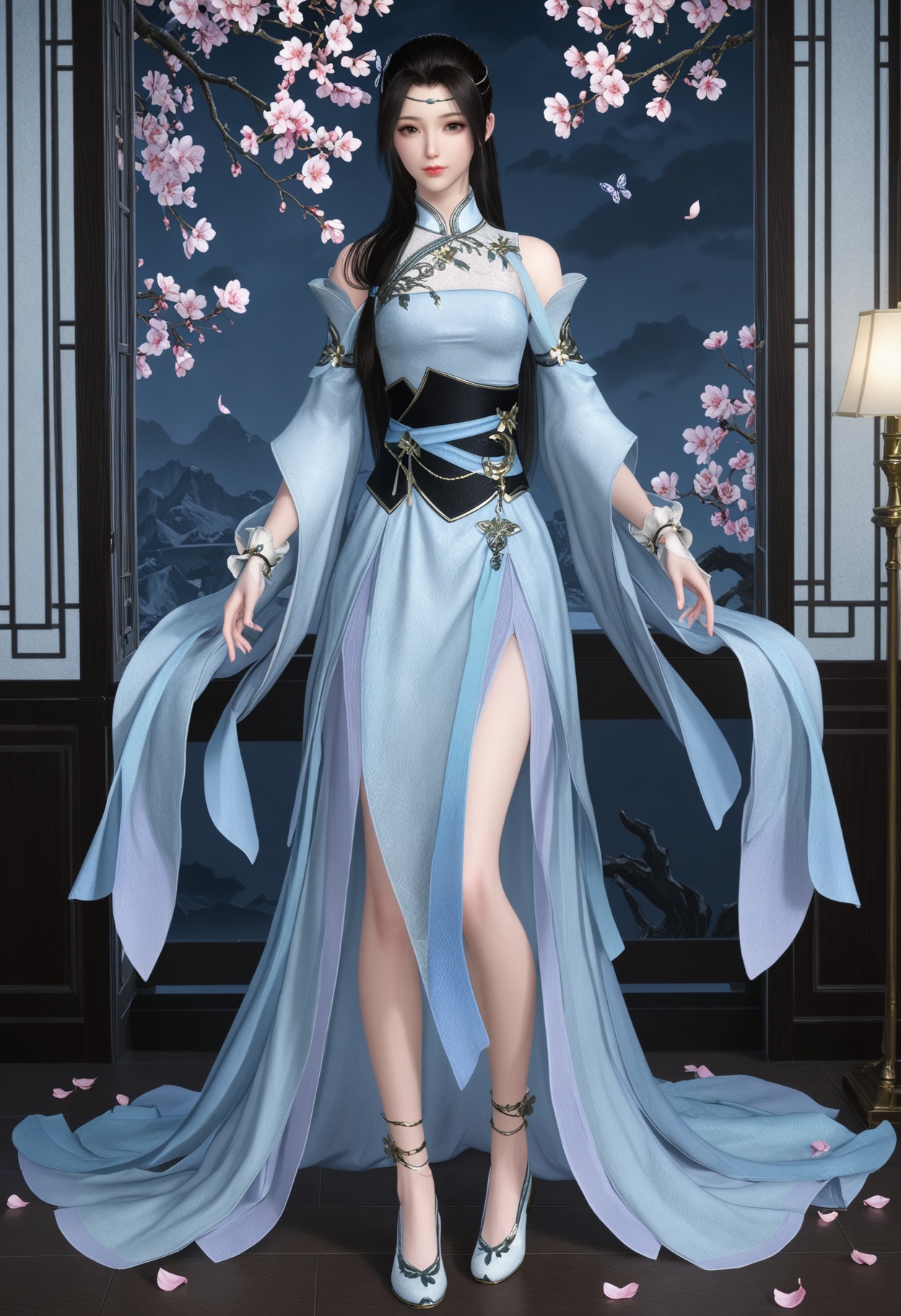 (full_body:1.2),(looking at viewer:1.1),masterpiece,(best quality),smog,Dark room,dim lighting,peach blossom,falling petals,<lora:YQ_Illustrious光辉v5_叶雪青_V1:0.8>,q1528437228,1girl,solo,long hair,black hair,dress,hair ornament,white dress,chinese clothes,detached sleeves,sash,butterfly hair ornament,jewelry,brown hair,bracelet,circlet,black eyes,wide sleeves,long sleeves,obi,white footwear,