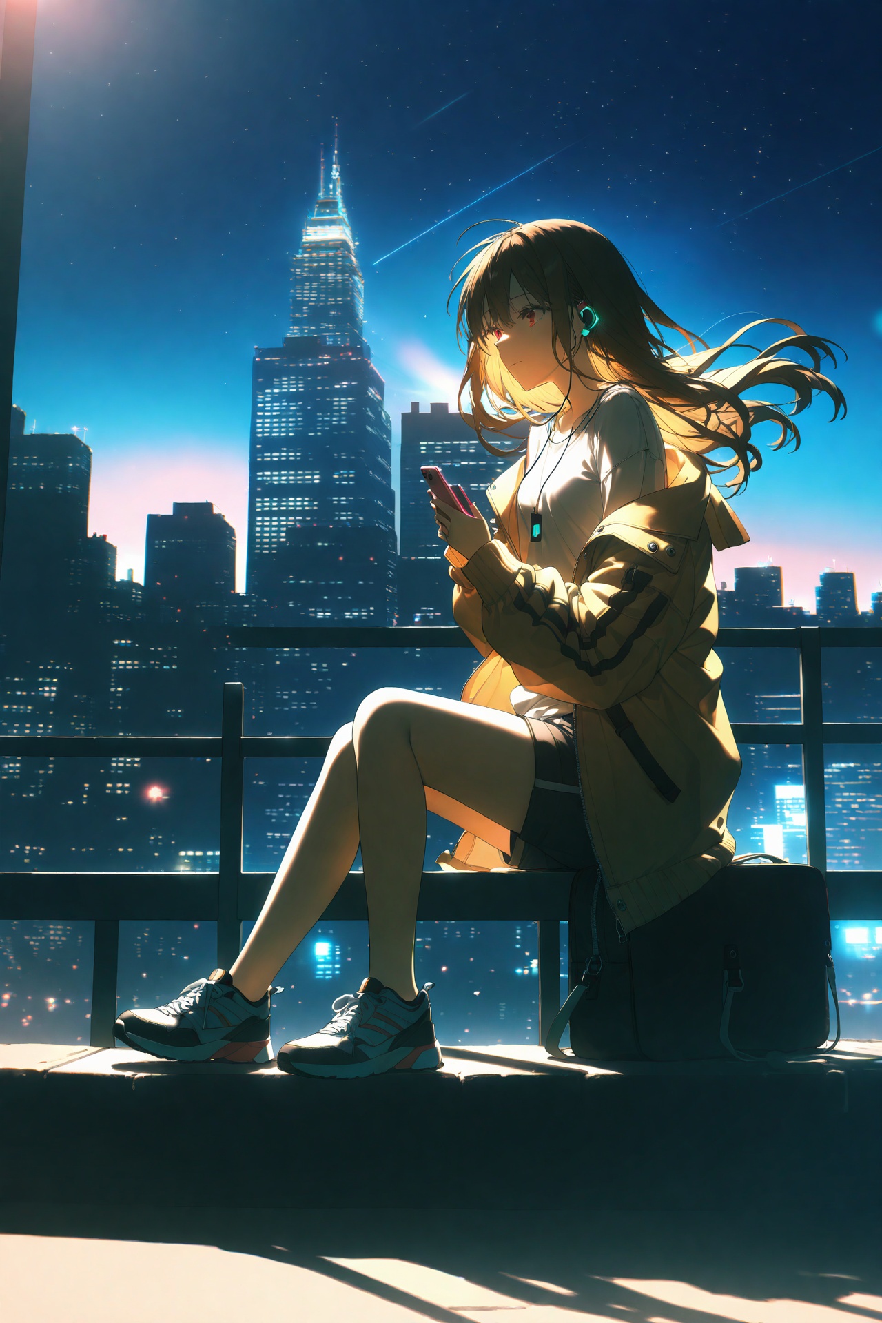 (masterpiece),(best quality),illustration,ultra detailed,hdr,Depth of field,(colorful),1girl,solo,night,phone,sky,earphones,shorts,outdoors,long hair,building,sitting,shoes,cellphone,holding,holding phone,night sky,shirt,jacket,sneakers,star (sky),white shirt,smartphone,bare legs,starry sky,brown hair,bag,city,long sleeves,open clothes,off shoulder,closed mouth,earbuds,black shorts,short shorts,red eyes,floating hair,brown eyes,brown jacket,open jacket,